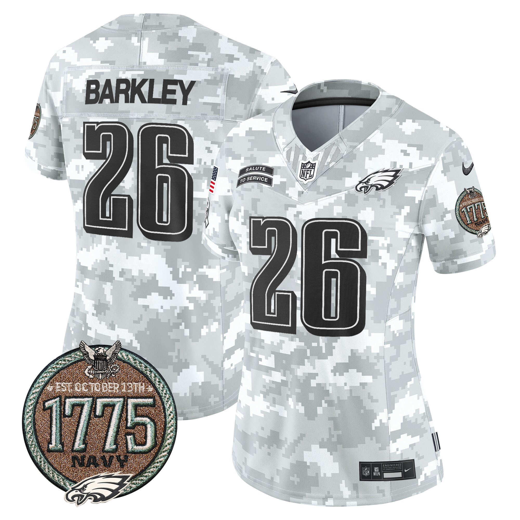 Saquon Barkley Women's Philadelphia Eagles 2024 Salute to Service Establishment Year Patch Vapor Limited Navy Jersey - All Stitched