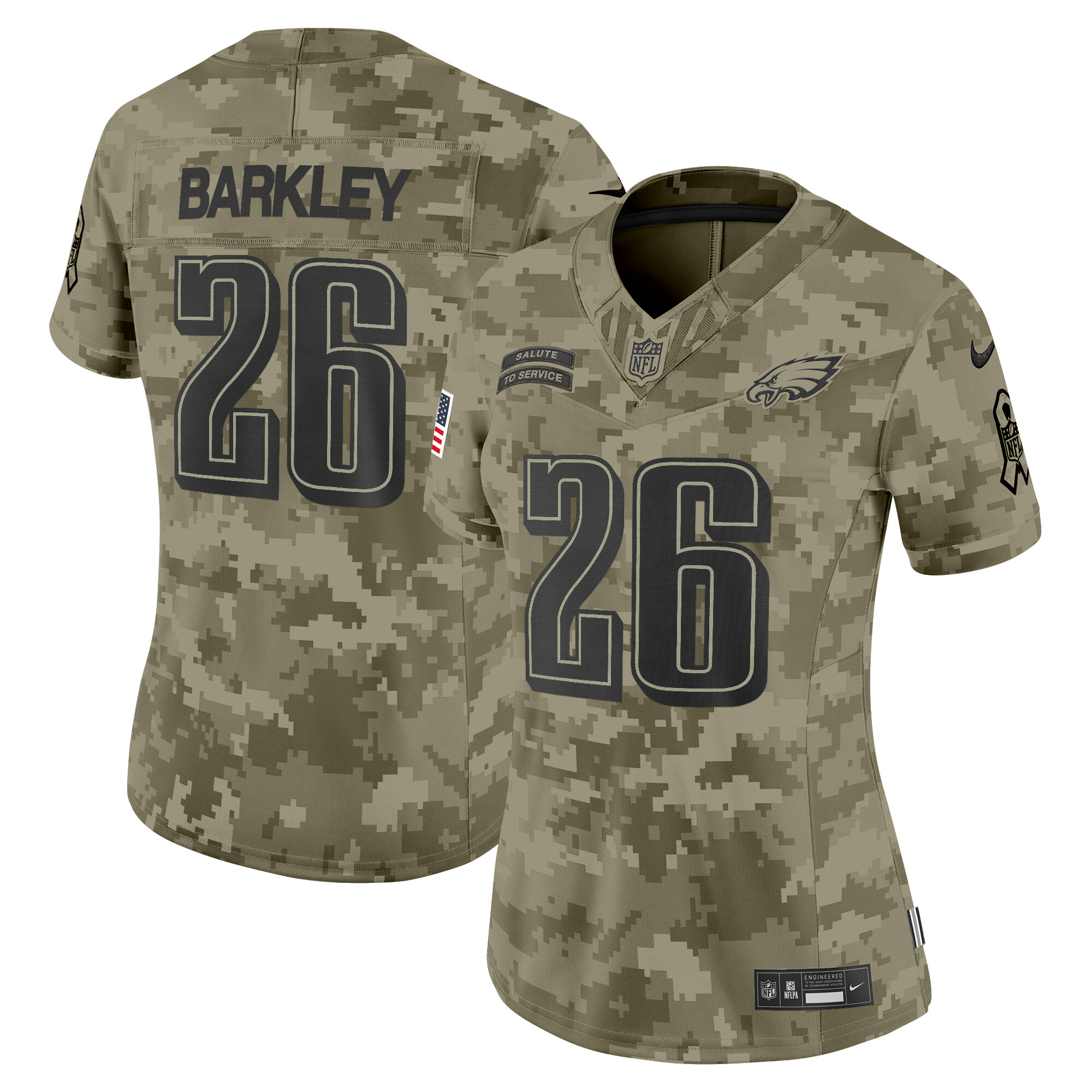 Saquon Barkley Women's Philadelphia Eagles 2024 Salute to Service Vapor Limited Olive Camo Jersey - All Stitched