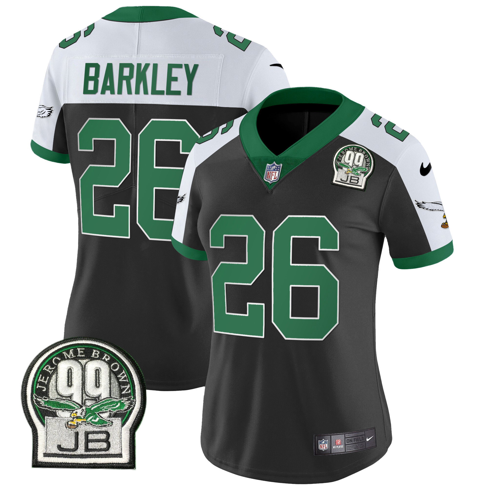 Saquon Barkley Women's Philadelphia Eagles Jerome Brown Patch Kelly Green Alternate Black Alternate Jersey - All Stitched