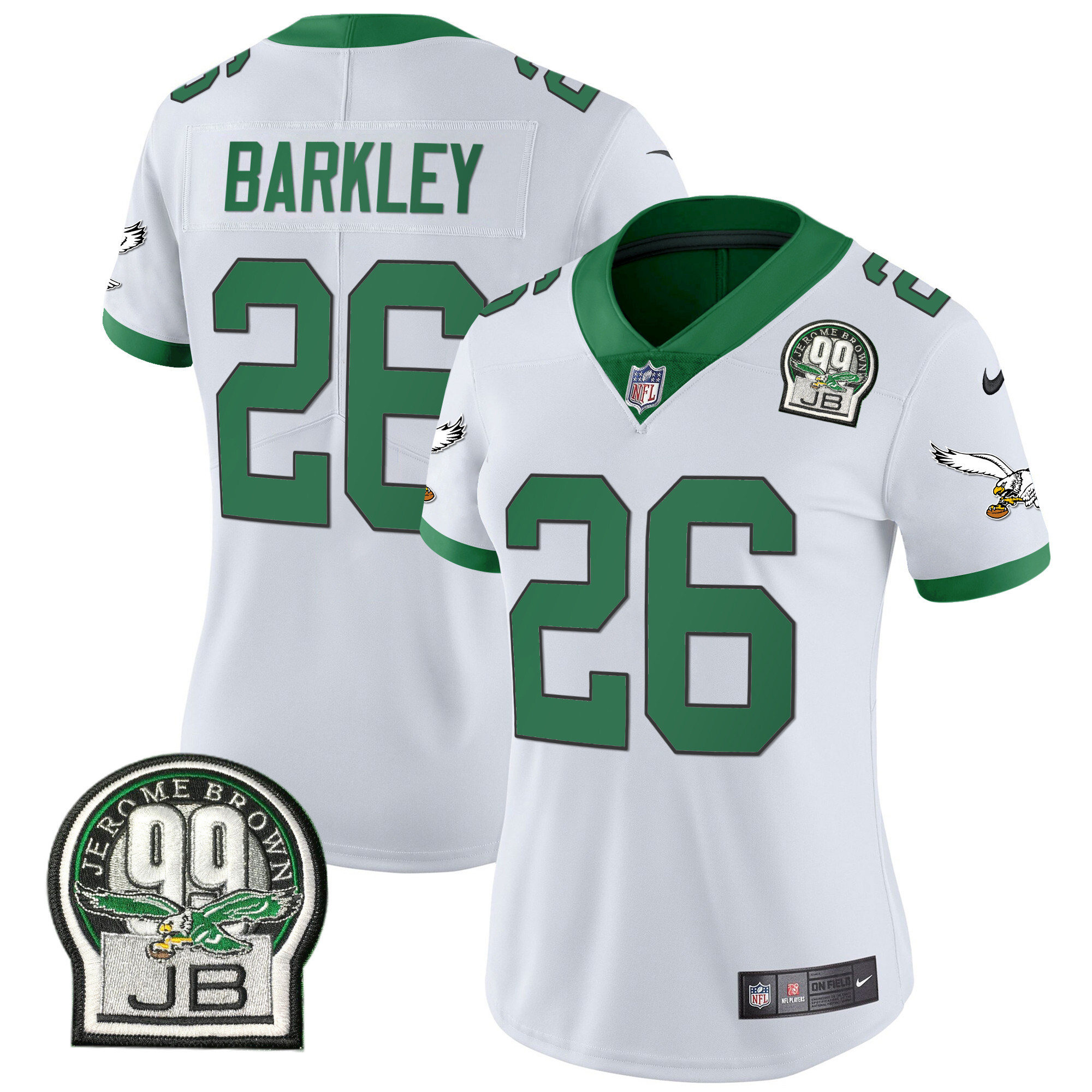 Saquon Barkley Women's Philadelphia Eagles Jerome Brown Patch Kelly Green Alternate Kelly White Jersey - All Stitched