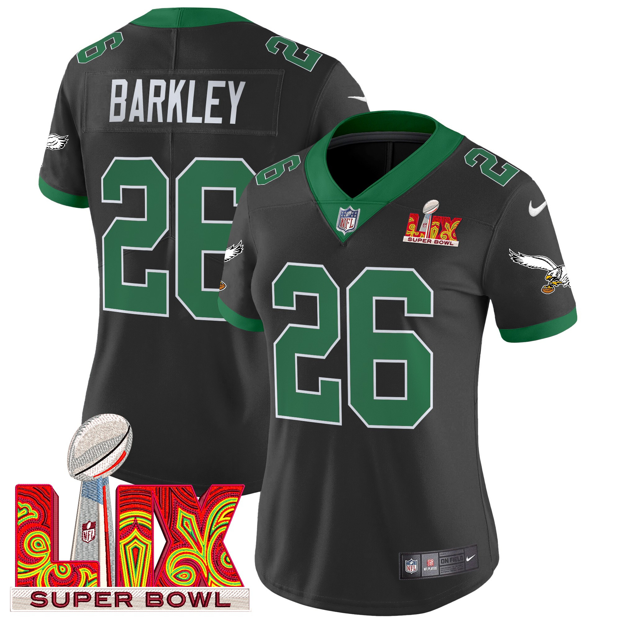 Saquon Barkley Women's Philadelphia Eagles Kelly Green Super Bowl LIX Patch Vapor Limited Black Jersey - All Stitched