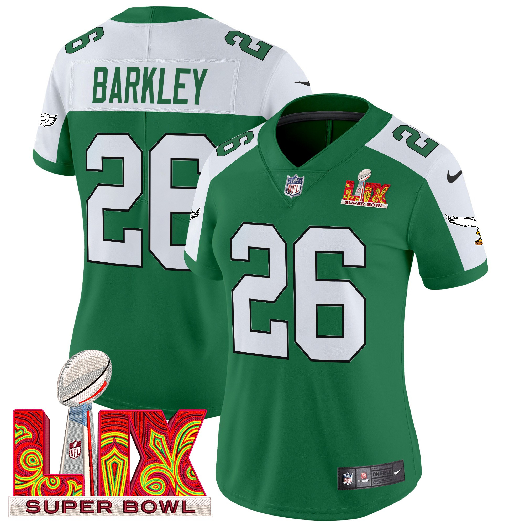 Saquon Barkley Women's Philadelphia Eagles Kelly Green Super Bowl LIX Patch Vapor Limited Kelly Alternate Jersey - All Stitched