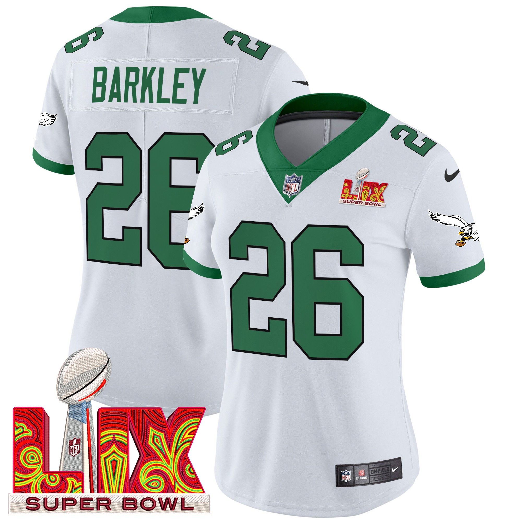 Saquon Barkley Women's Philadelphia Eagles Kelly Green Super Bowl LIX Patch Vapor Limited Kelly White Jersey - All Stitched