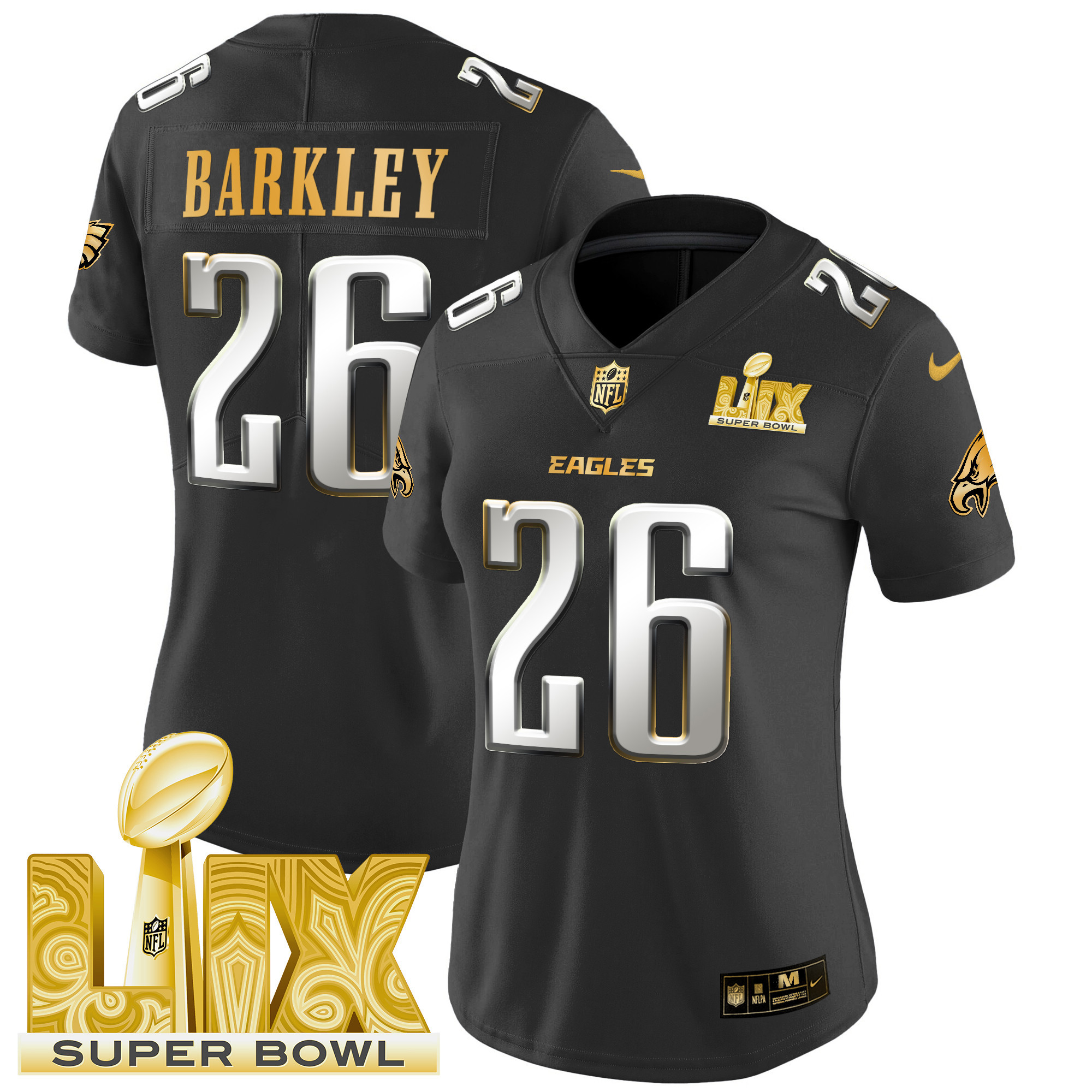 Saquon Barkley Women's Philadelphia Eagles Super Bowl LIX Patch Gold Vapor Limited Black Limited Jersey - All Stitched