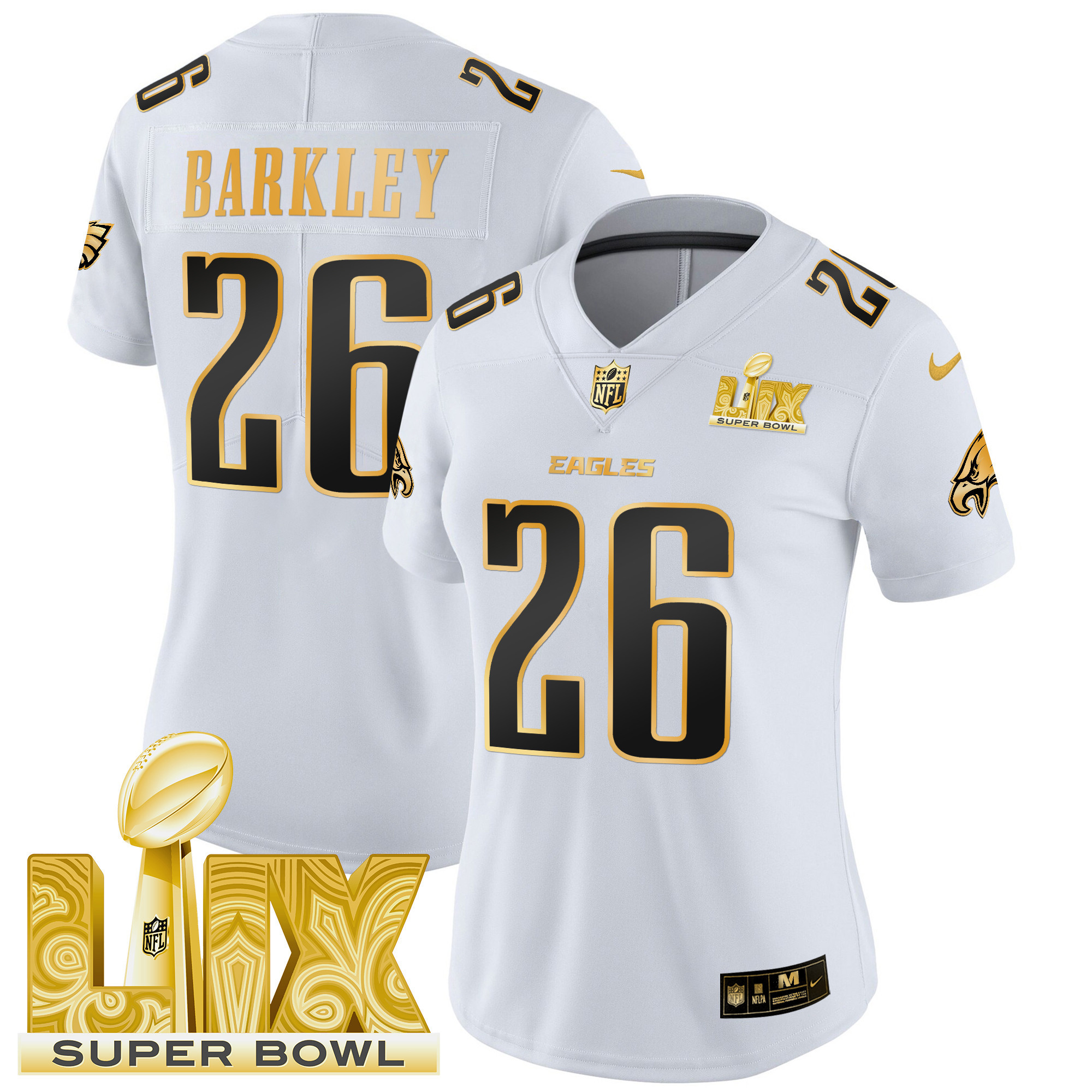 Saquon Barkley Women's Philadelphia Eagles Super Bowl LIX Patch Gold Vapor Limited White Gold Jersey - All Stitched