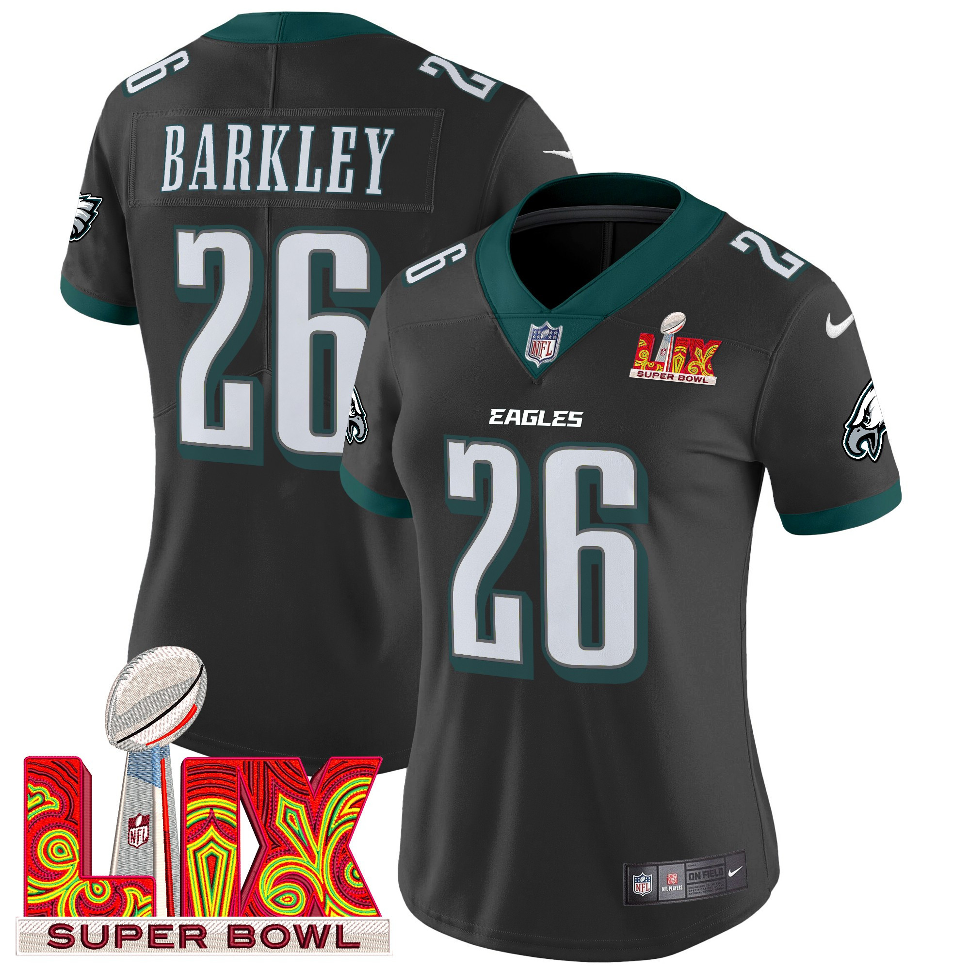 Saquon Barkley Women's Philadelphia Eagles Super Bowl LIX Patch Vapor Limited Black Jersey - All Stitched