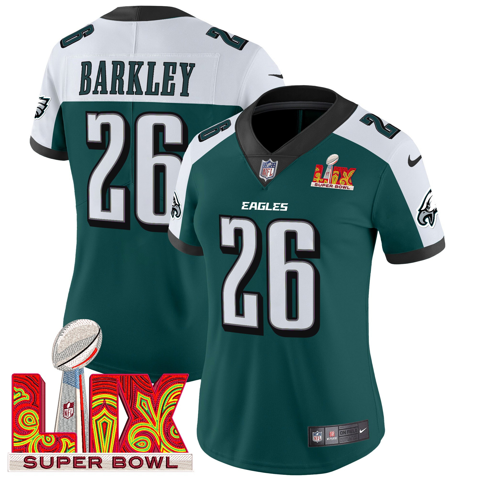 Saquon Barkley Women's Philadelphia Eagles Super Bowl LIX Patch Vapor Limited Green Alternate Jersey - All Stitched