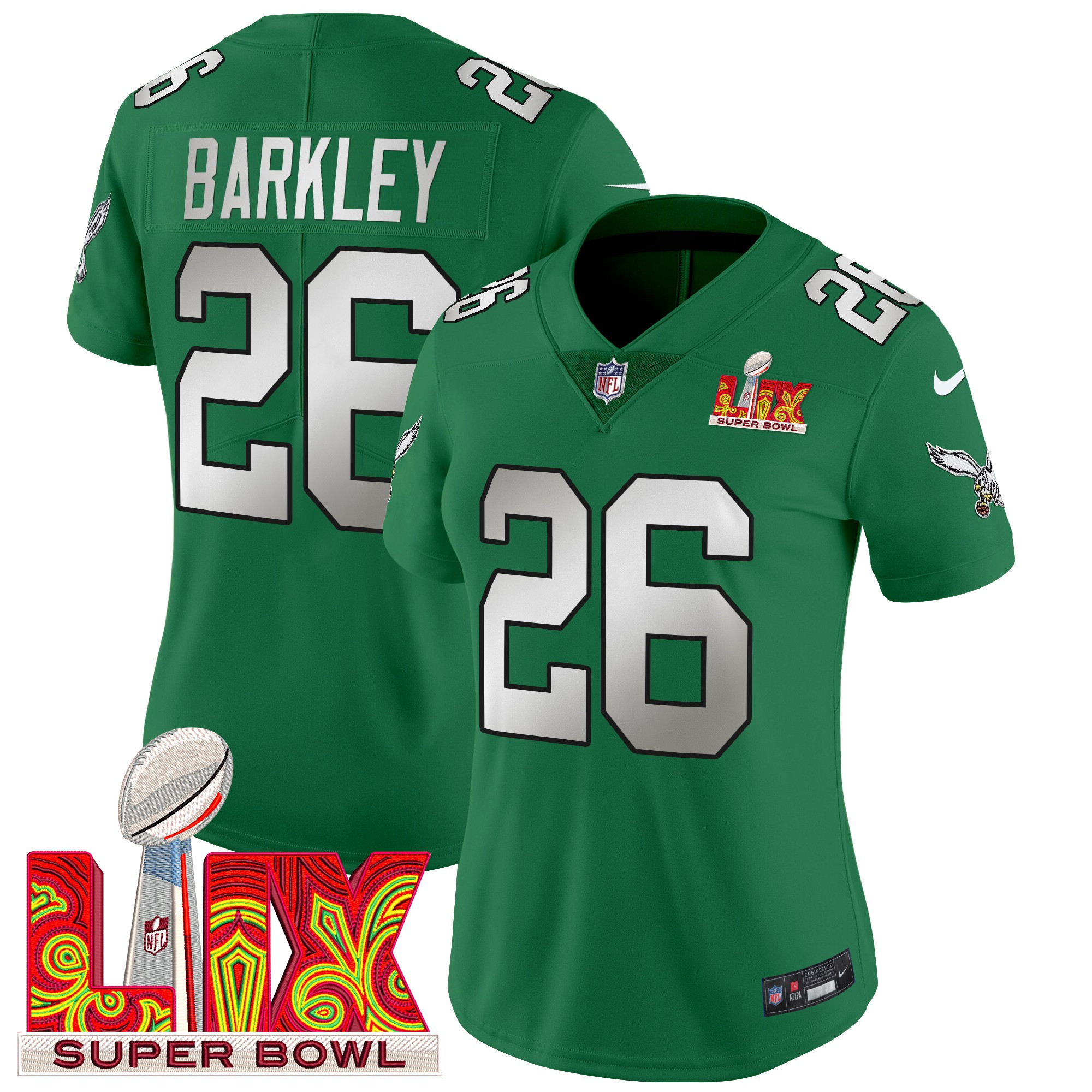 Saquon Barkley Women's Philadelphia Eagles Super Bowl LIX Patch Vapor Limited Kelly Green Jersey - All Stitched