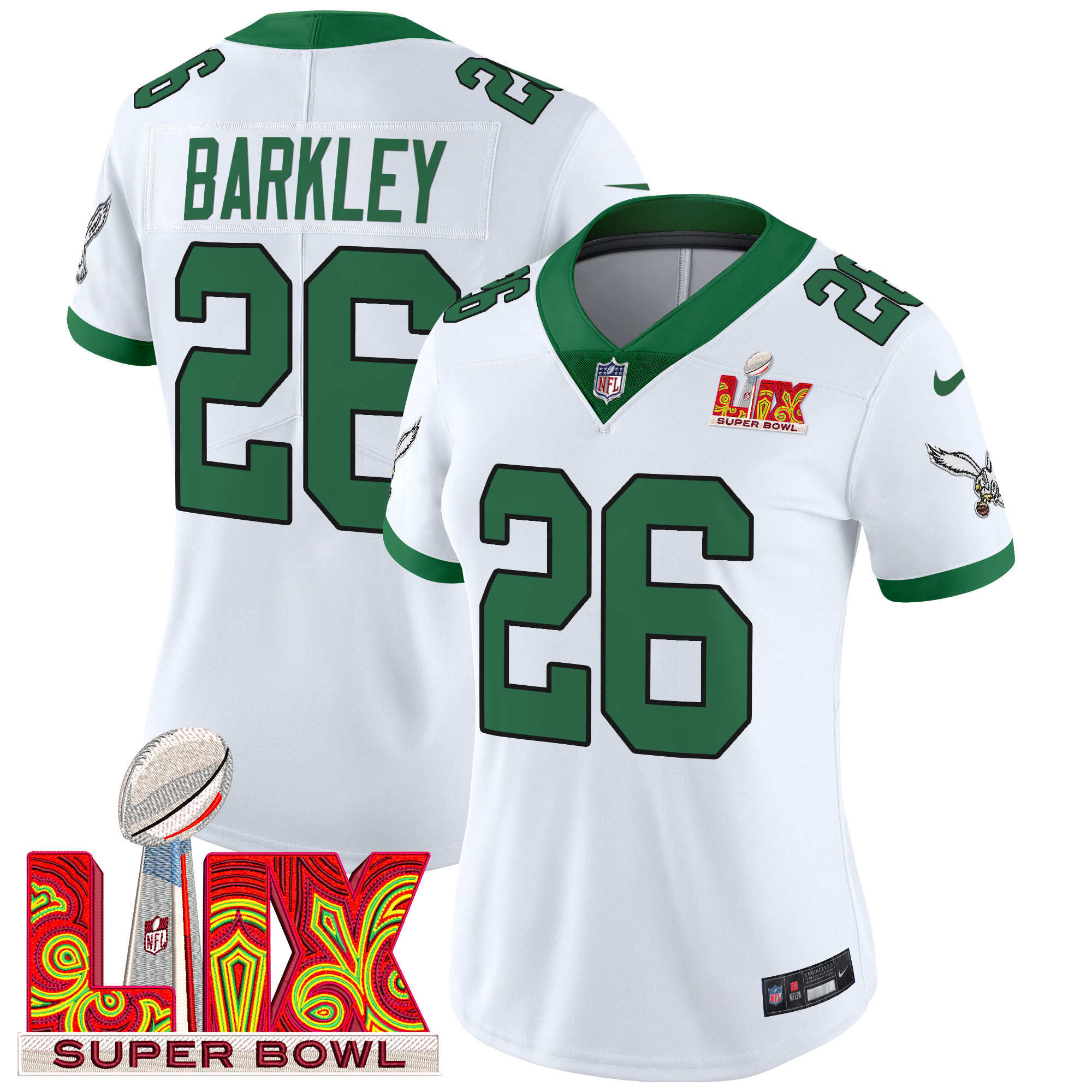 Saquon Barkley Women's Philadelphia Eagles Super Bowl LIX Patch Vapor Limited Kelly White Jersey - All Stitched
