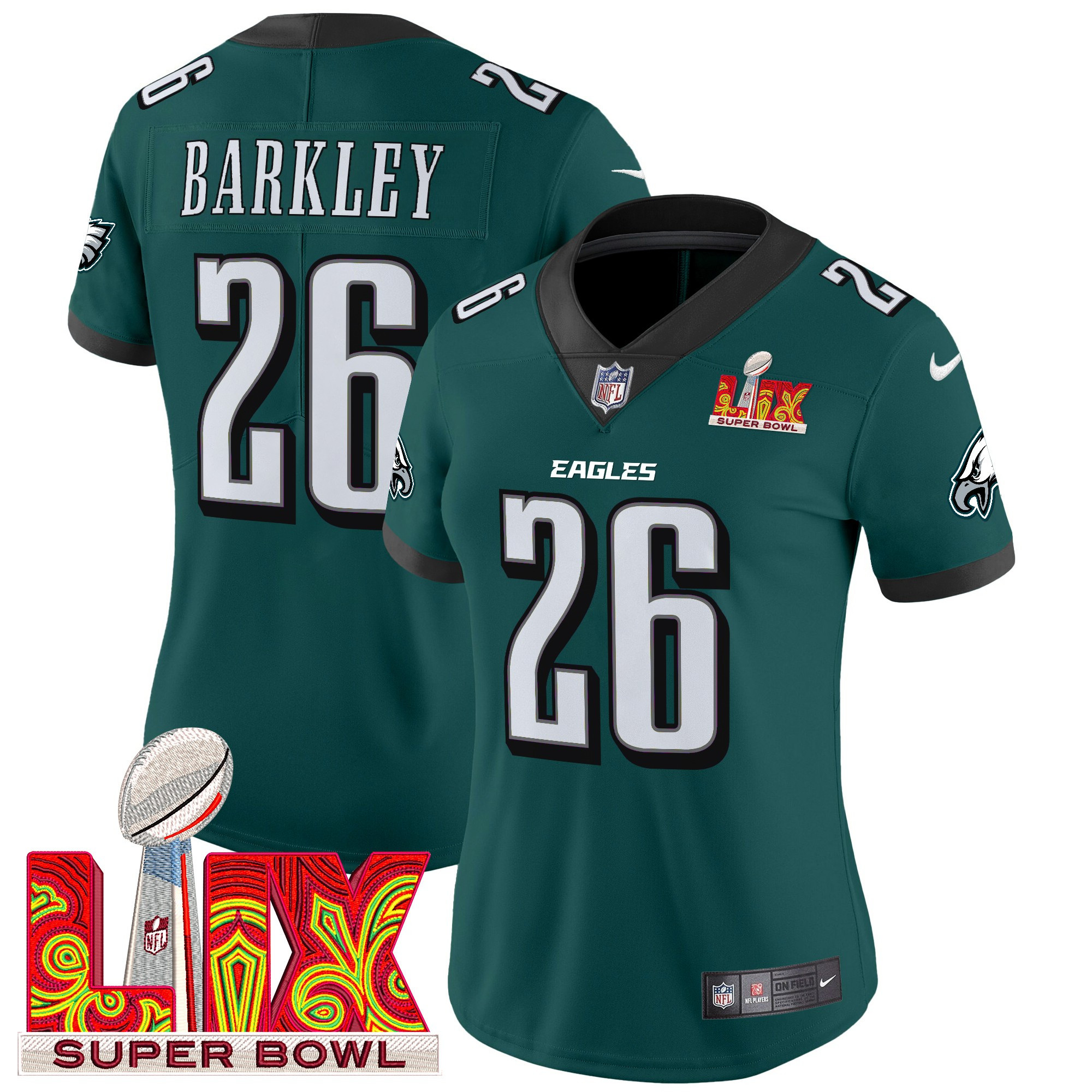 Saquon Barkley Women's Philadelphia Eagles Super Bowl LIX Patch Vapor Limited Midnight Green Jersey - All Stitched