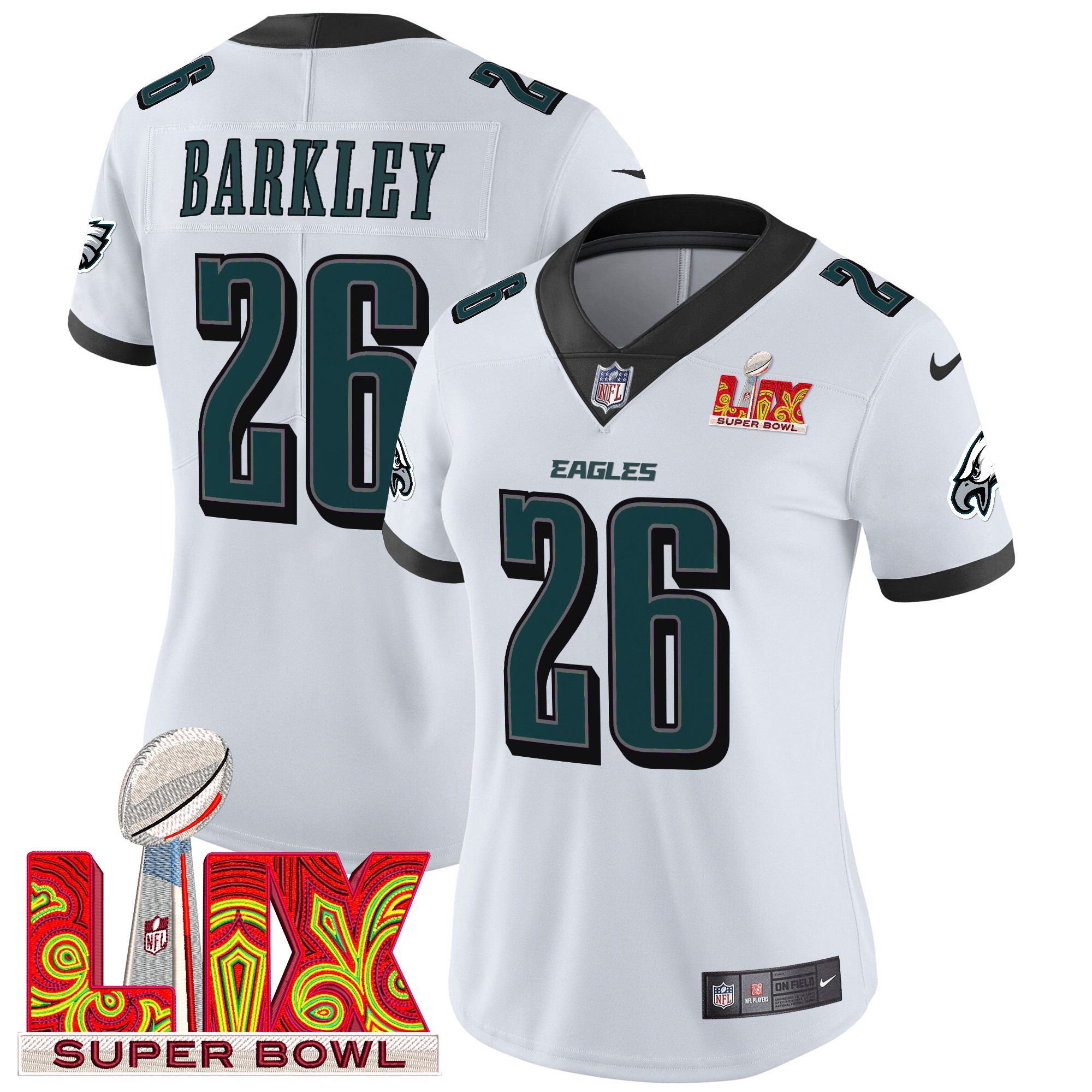 Saquon Barkley Women's Philadelphia Eagles Super Bowl LIX Patch Vapor Limited White Jersey - All Stitched