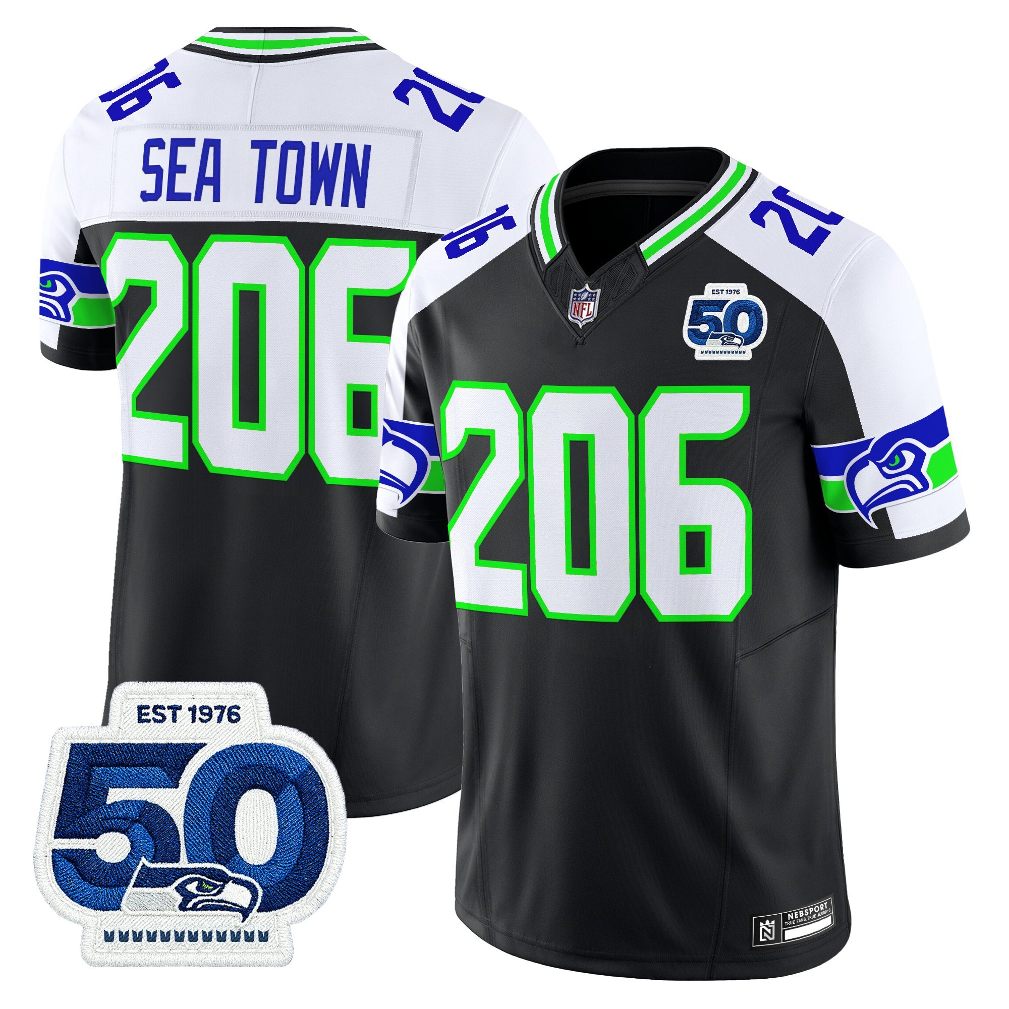 Sea Town 206 Men's Seattle Seahawks 50th Anniversary Patch Vapor Limited Black Alternate Jersey - All Stitched