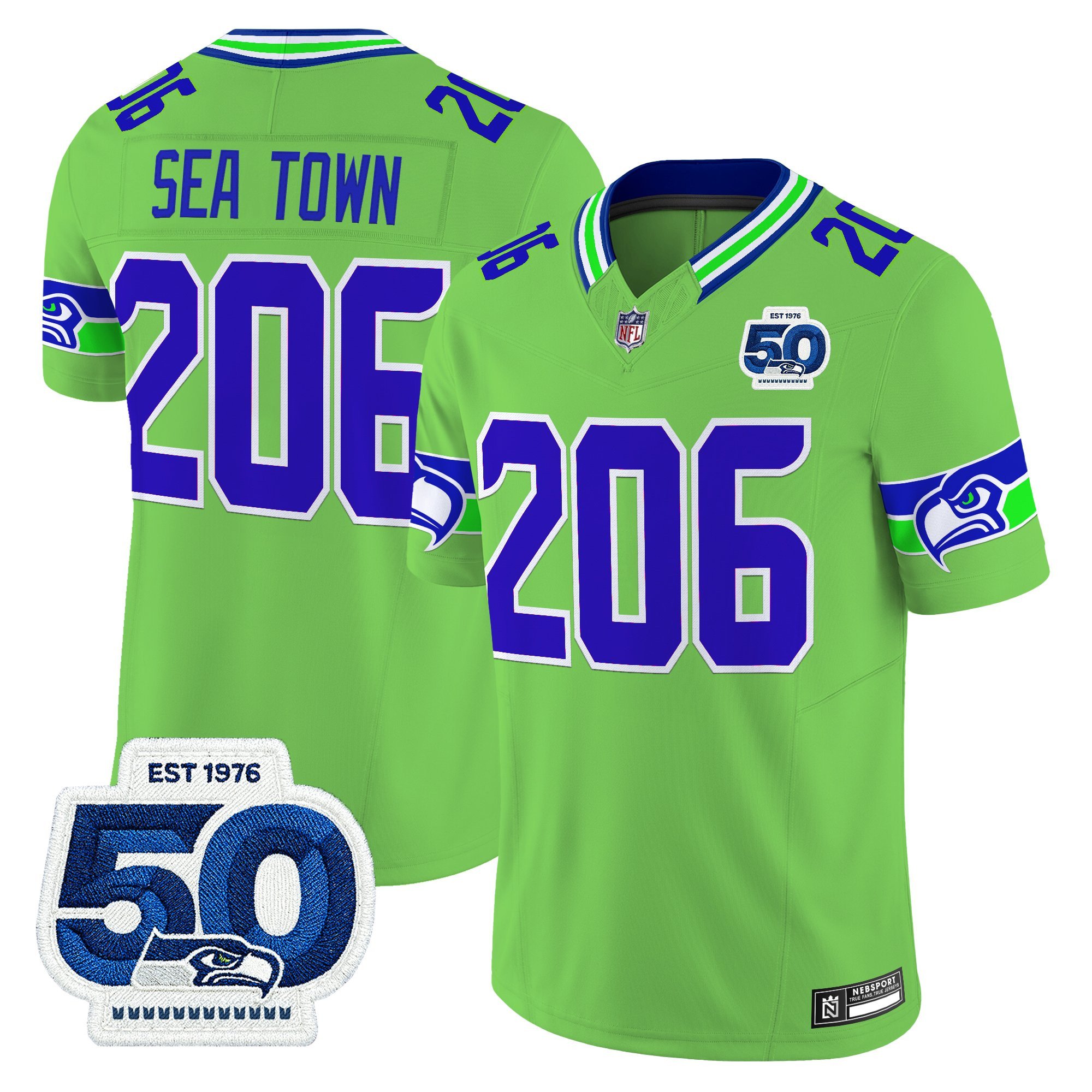 Sea Town 206 Men's Seattle Seahawks 50th Anniversary Patch Vapor Limited Green Jersey - All Stitched