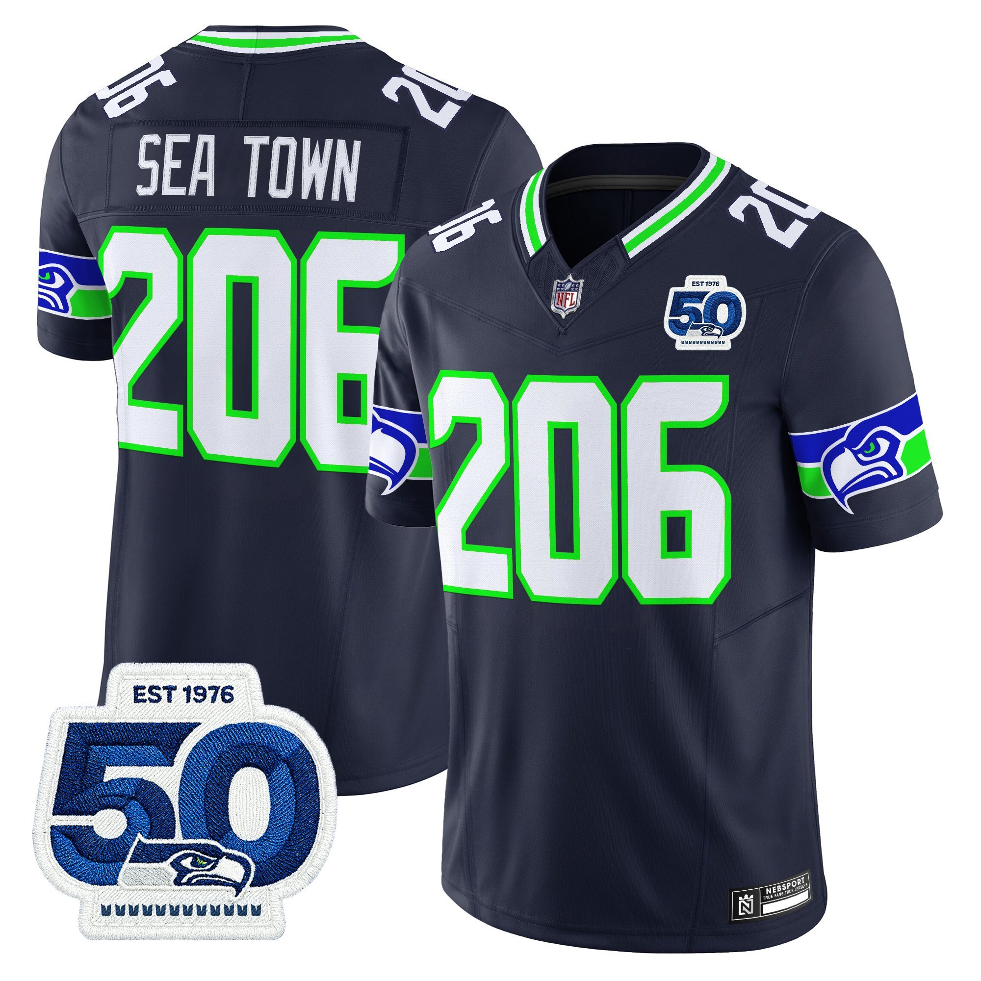 Sea Town 206 Men's Seattle Seahawks 50th Anniversary Patch Vapor Limited Navy Jersey - All Stitched