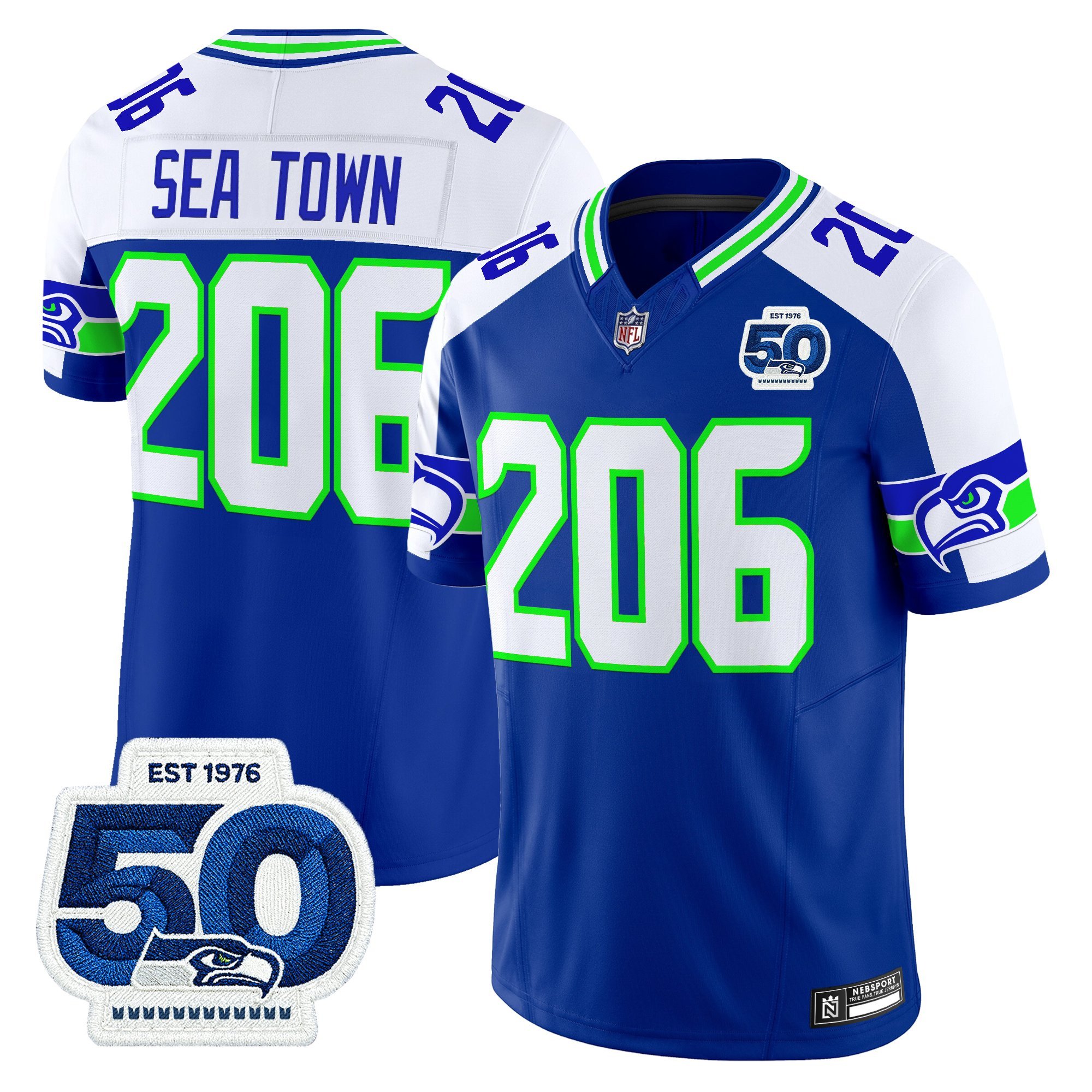 Sea Town 206 Men's Seattle Seahawks 50th Anniversary Patch Vapor Limited Royal Alternate Jersey - All Stitched