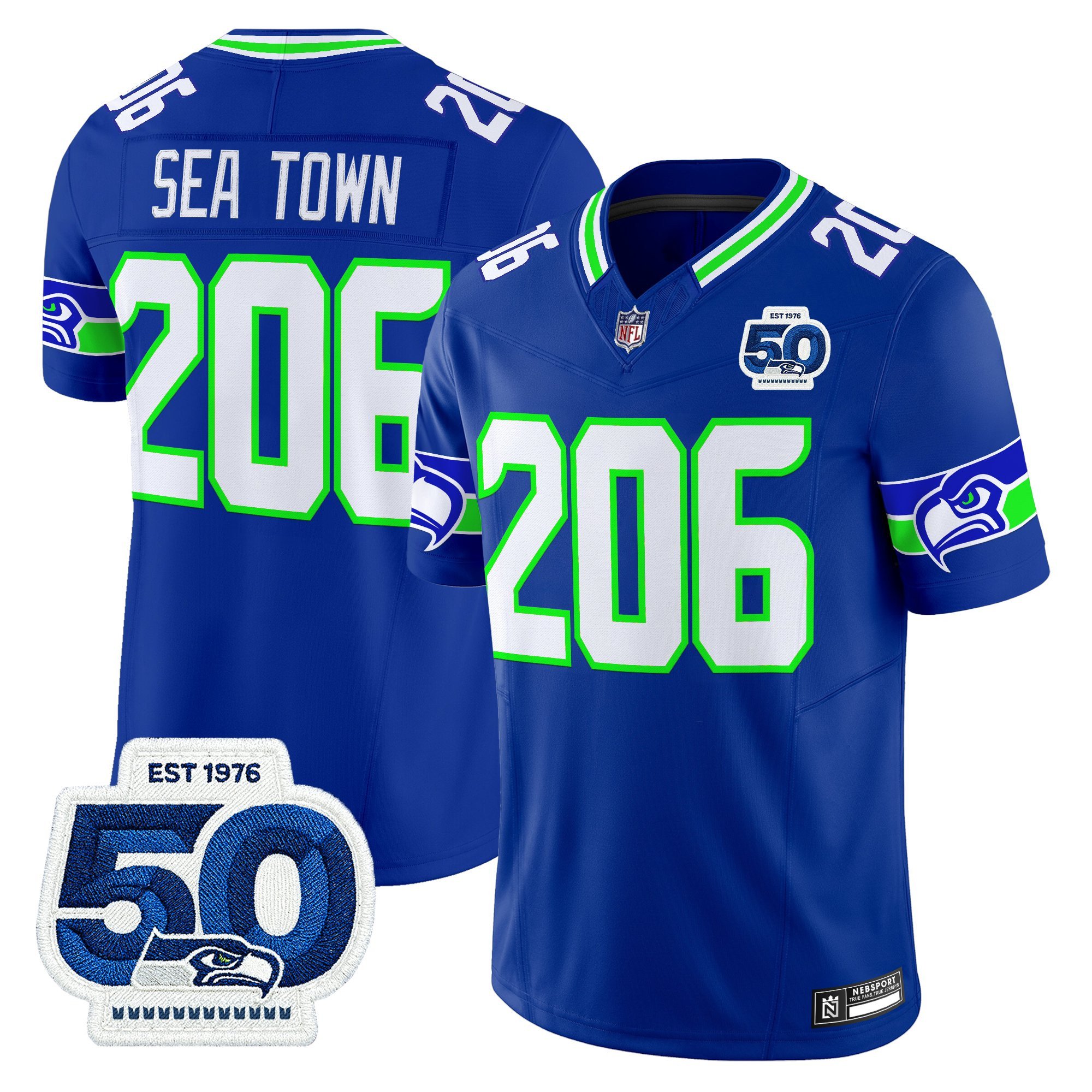 Sea Town 206 Men's Seattle Seahawks 50th Anniversary Patch Vapor Limited Royal Jersey - All Stitched