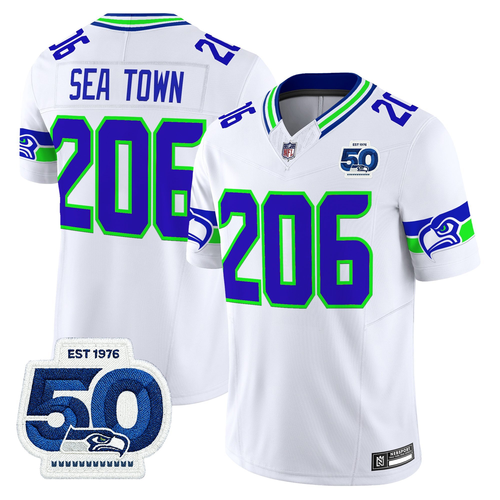 Sea Town 206 Men's Seattle Seahawks 50th Anniversary Patch Vapor Limited White Jersey - All Stitched