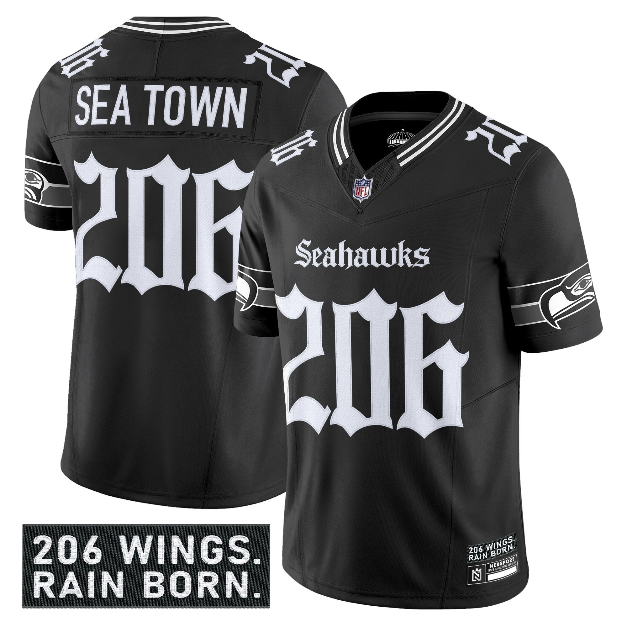Sea Town 206 Men's Seattle Seahawks 'Gothic Rain City Shadows Edition' Vapor Limited Black Jersey - All Stitched