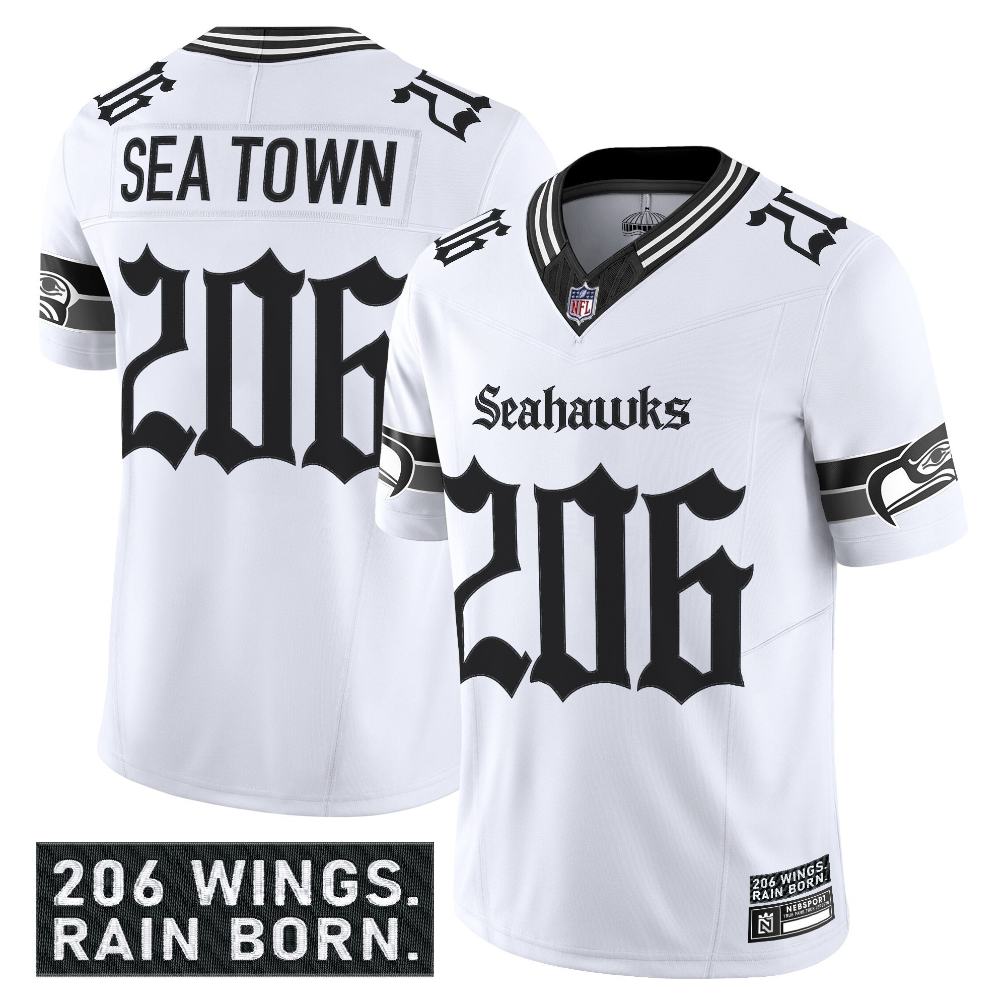 Sea Town 206 Men's Seattle Seahawks 'Gothic Rain City Shadows Edition' Vapor Limited White Jersey - All Stitched