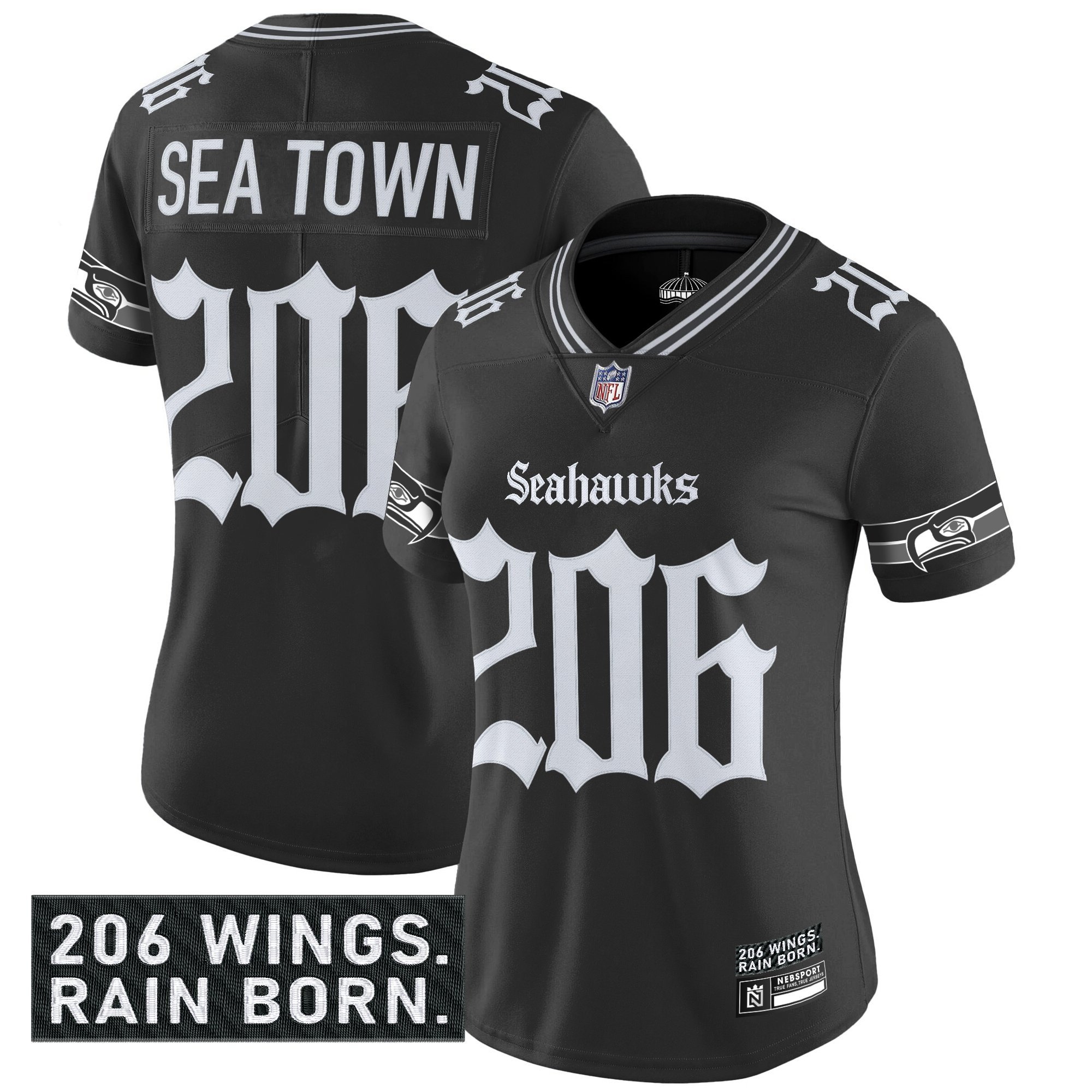 Sea Town 206 Women's Seattle Seahawks 'Gothic Rain City Shadows Edition' Vapor Limited Black Jersey - All Stitched