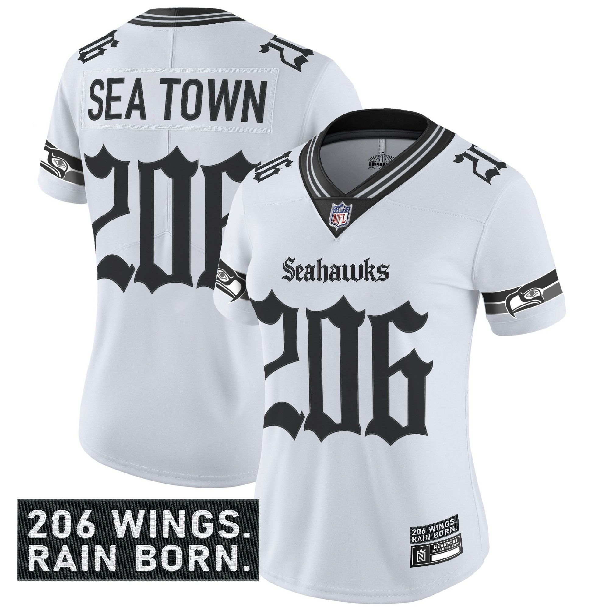 Sea Town 206 Women's Seattle Seahawks 'Gothic Rain City Shadows Edition' Vapor Limited White Jersey - All Stitched