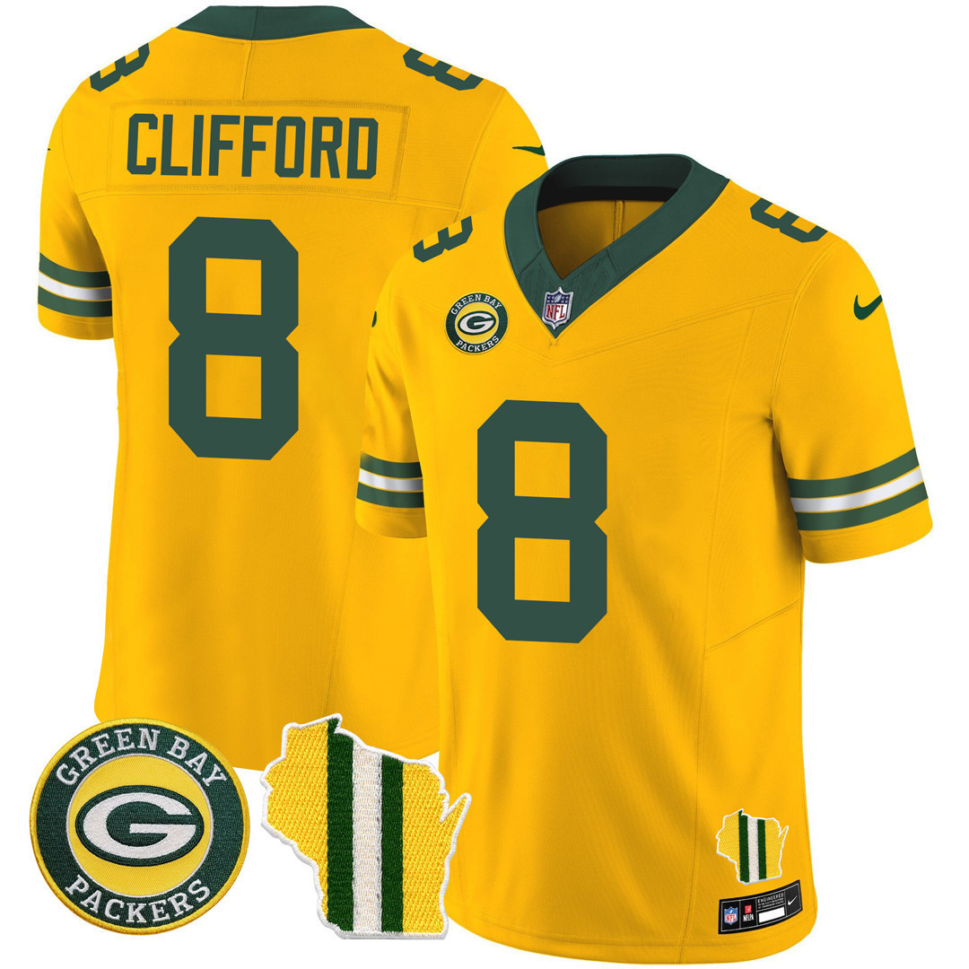 Sean Clifford Men's Green Bay Packers Wisconsin State Patch Vapor Limited Jersey - All Sttiched Gold Jersey - All Stitched