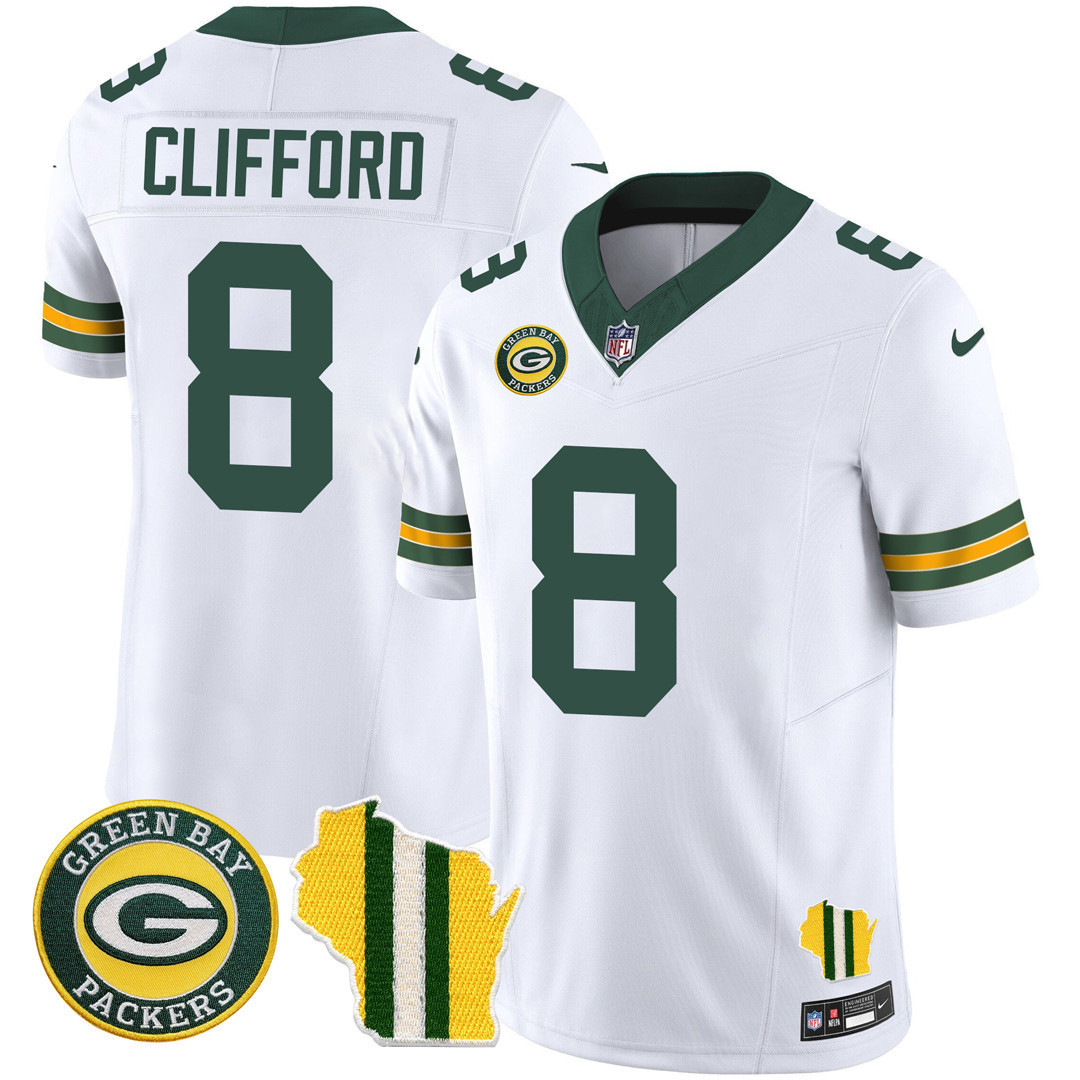 Sean Clifford Men's Green Bay Packers Wisconsin State Patch Vapor Limited Jersey - All Sttiched White Jersey - All Stitched