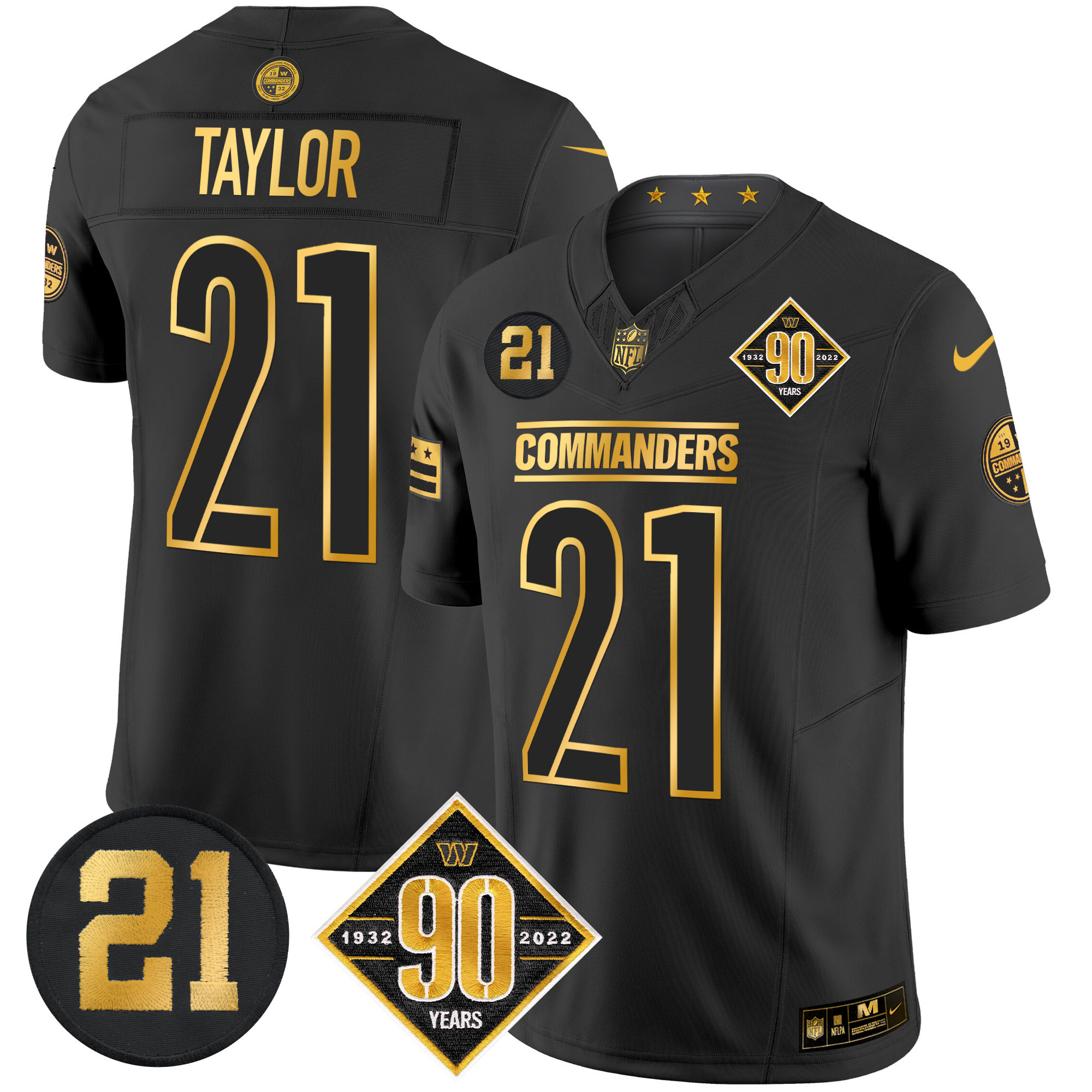 Sean Taylor Men's Washington Commanders 90th & Sean Taylor Patch Gold Vapor Limited Black Gold Jersey - All Stitched