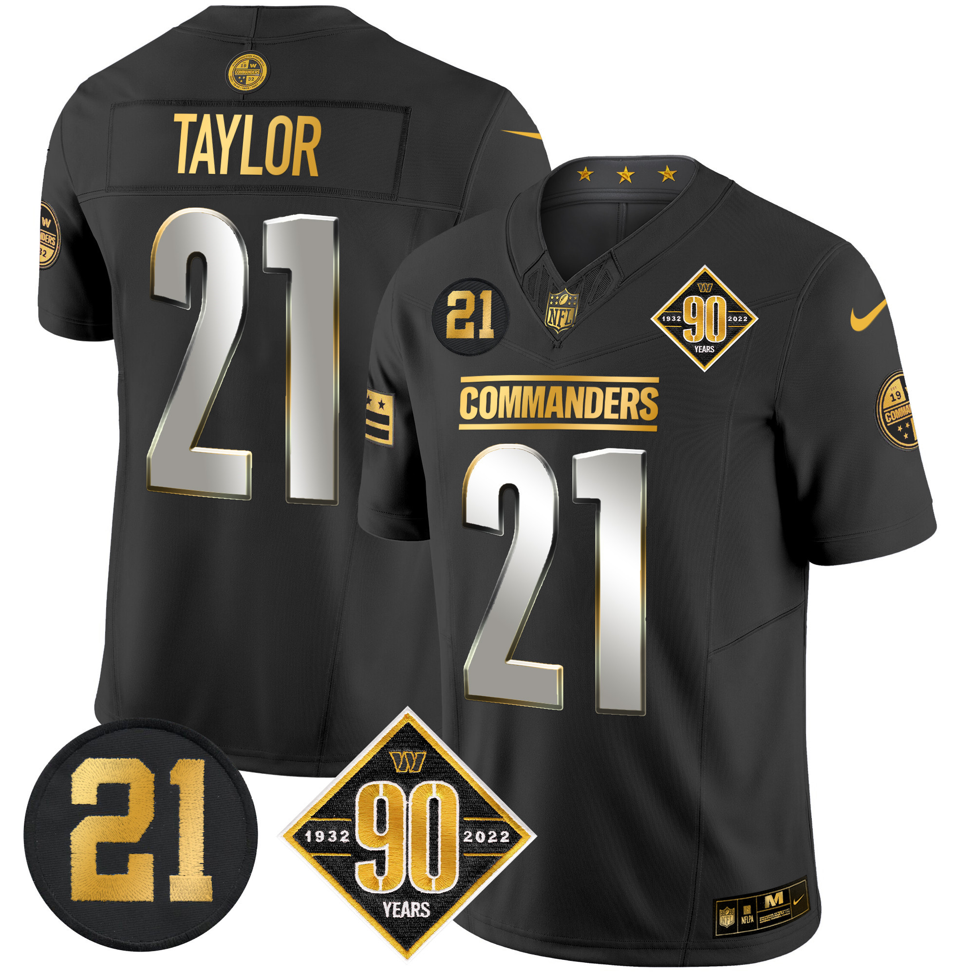 Sean Taylor Men's Washington Commanders 90th & Sean Taylor Patch Gold Vapor Limited Black Limited Jersey - All Stitched