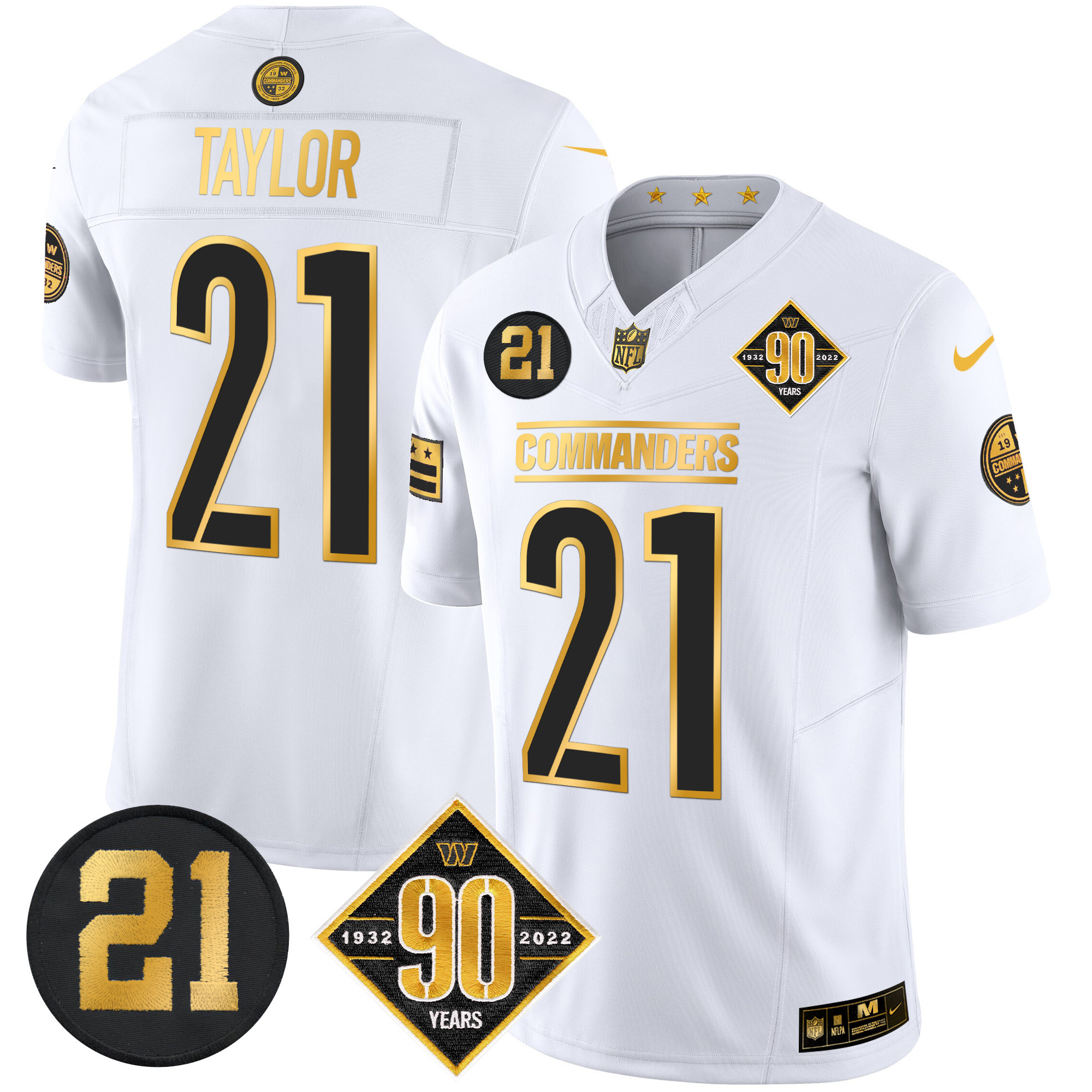 Sean Taylor Men's Washington Commanders 90th & Sean Taylor Patch Gold Vapor Limited White Gold Jersey - All Stitched