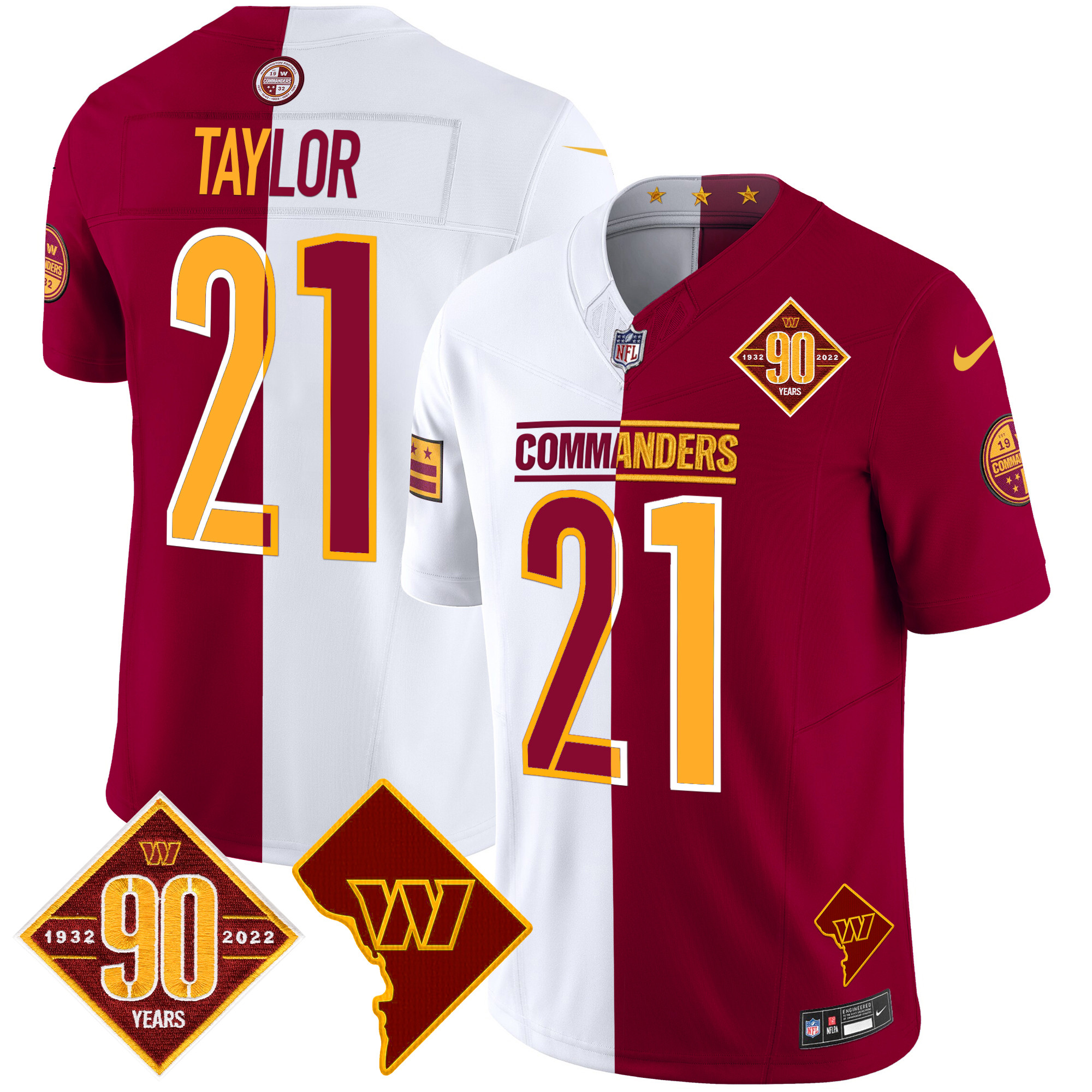 Sean Taylor Men's Washington Commanders 90th Anniversary & Home Patch Vapor Limited Half Jersey - All Stitched