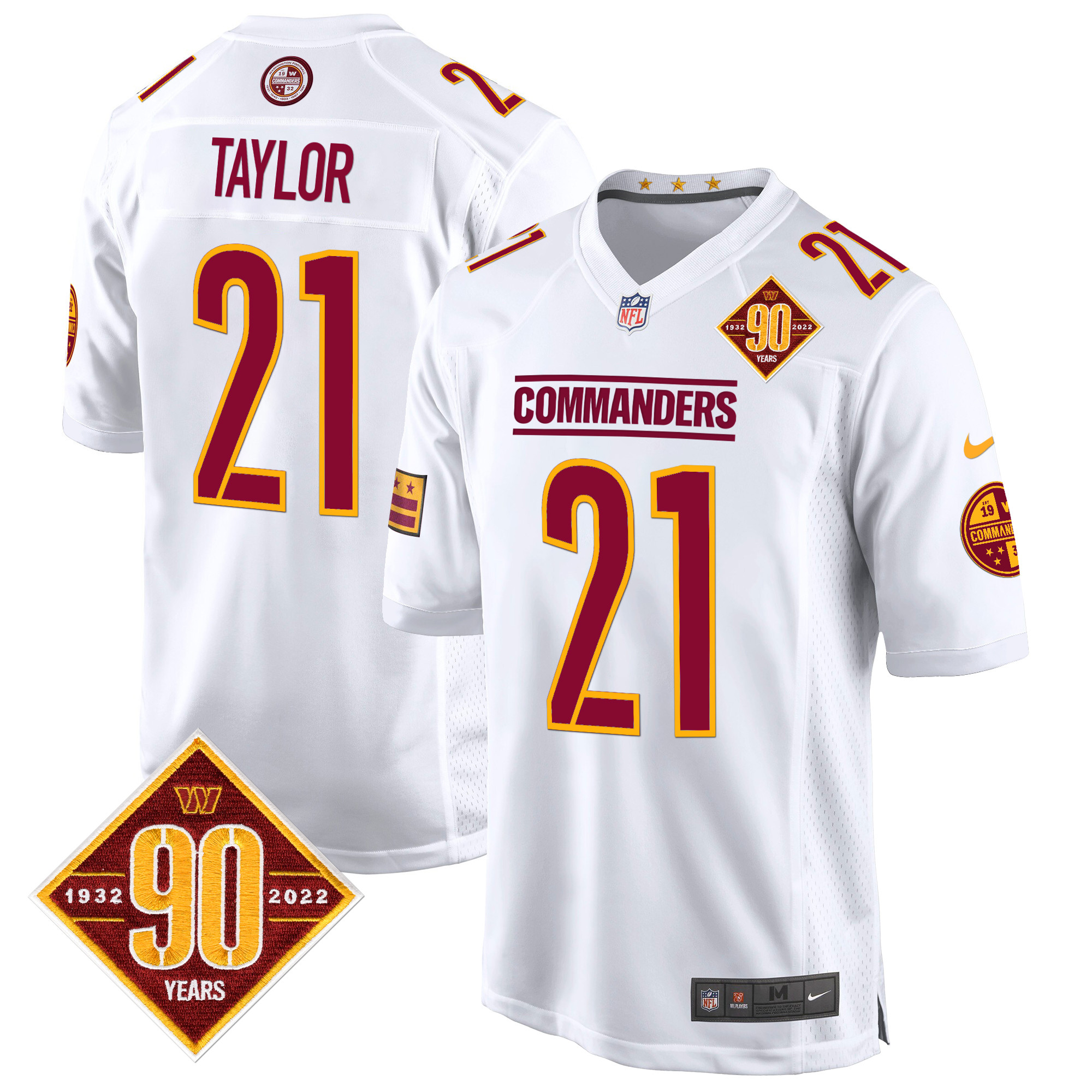 Sean Taylor Men's Washington Commanders 90th Anniversary Patch Game White Jersey - All Stitched