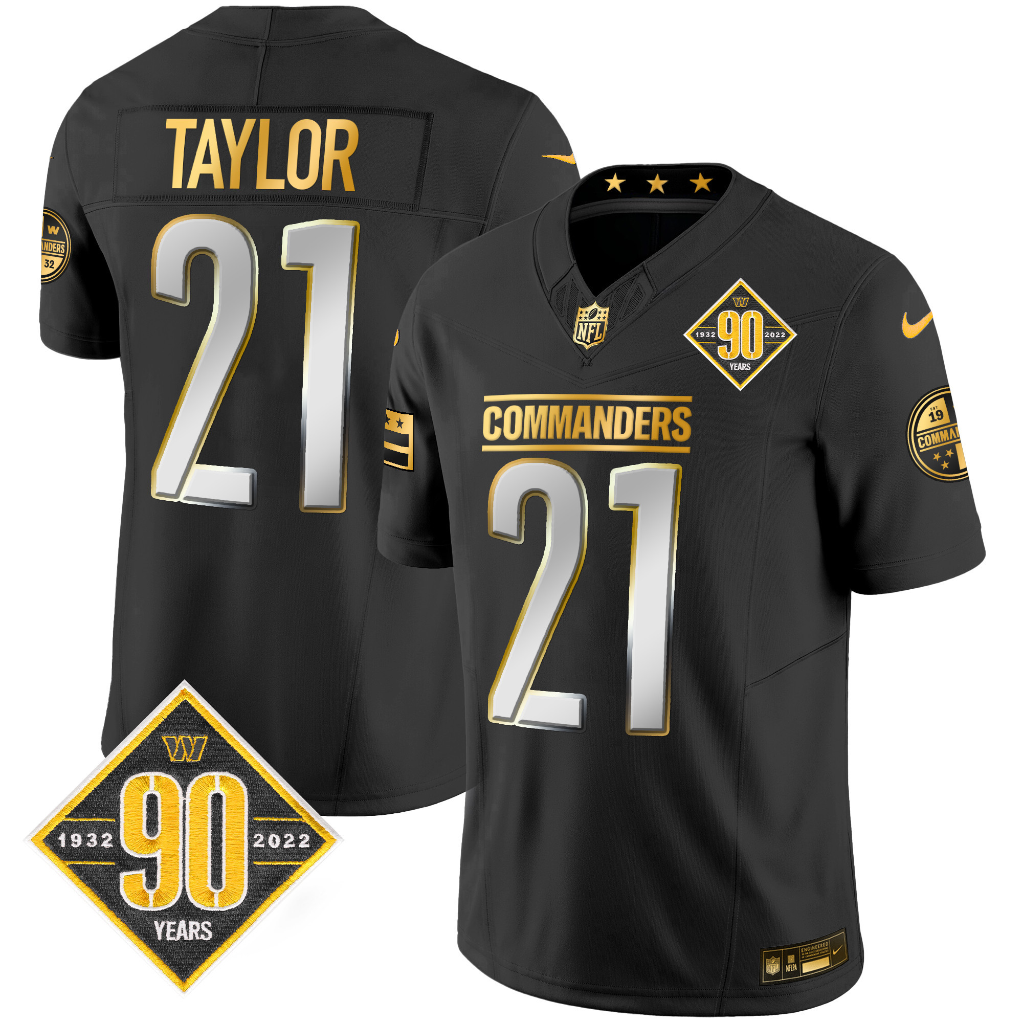 Sean Taylor Men's Washington Commanders 90th Anniversary Patch Gold Vapor Black Limited Jersey - All Stitched