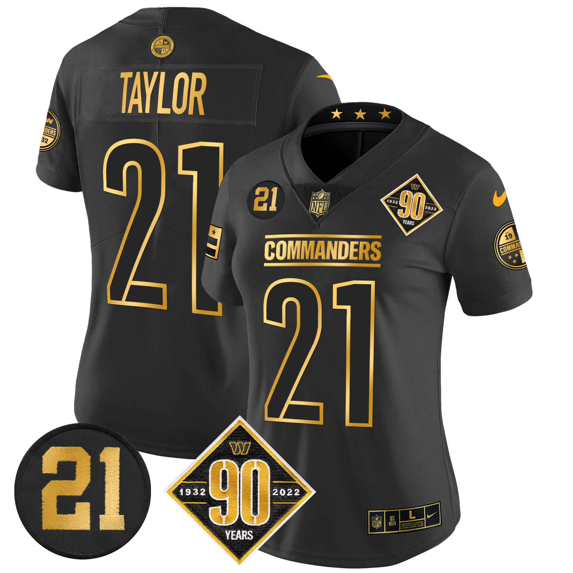 Sean Taylor Women's Washington Commanders 90th & Sean Taylor Patch Gold Vapor Limited Black Gold Jersey - All Stitched