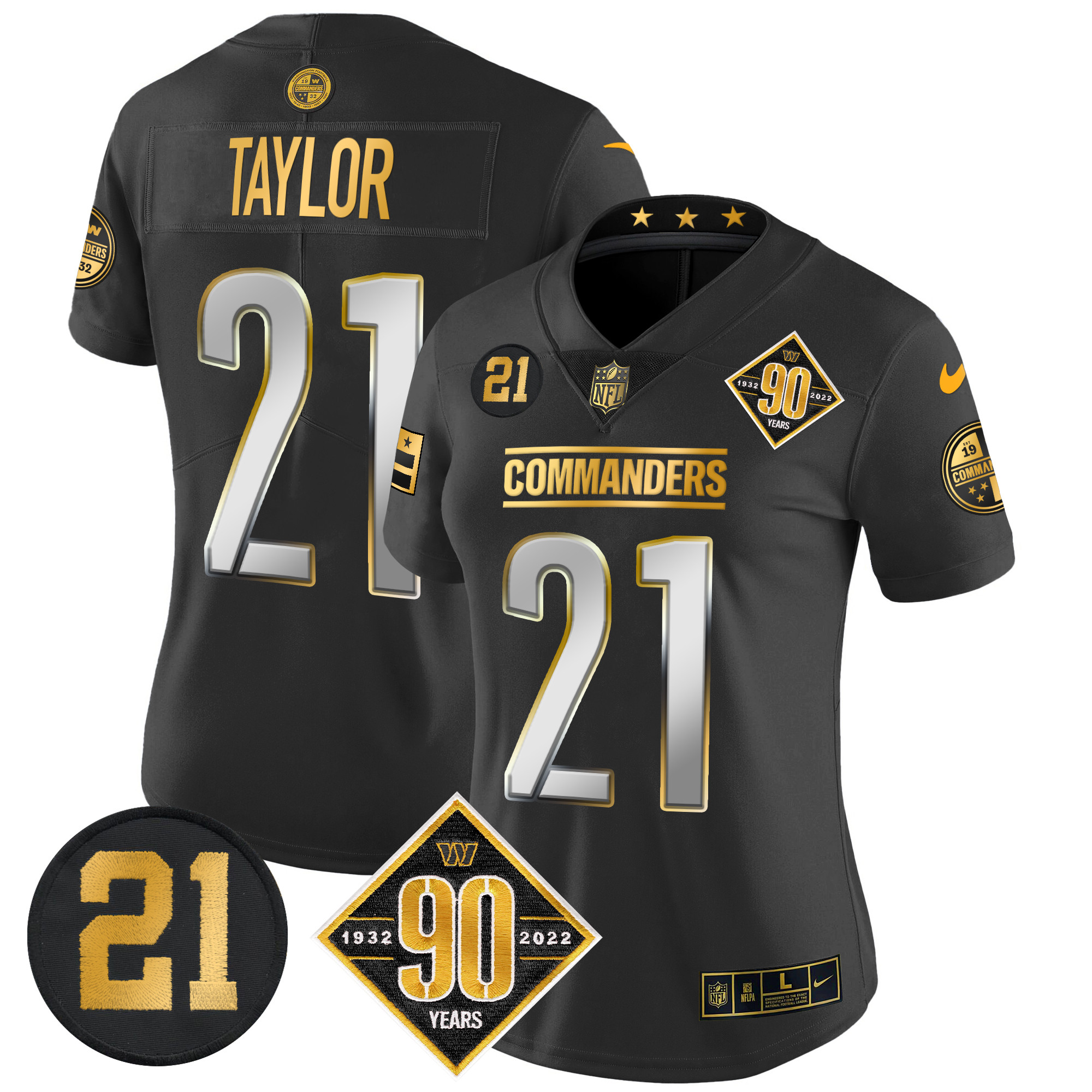 Sean Taylor Women's Washington Commanders 90th & Sean Taylor Patch Gold Vapor Limited Black Limited Jersey - All Stitched