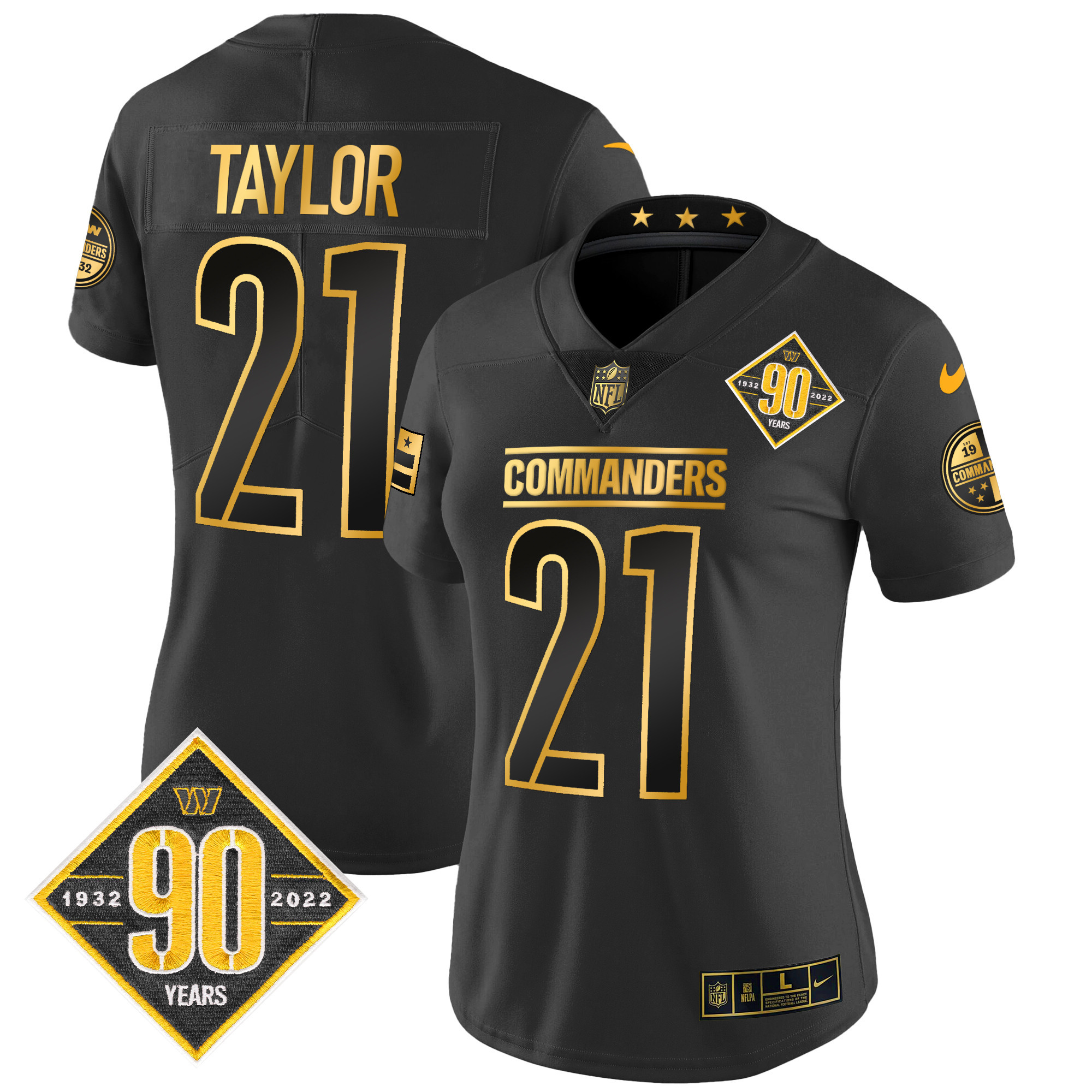 Sean Taylor Women's Washington Commanders 90th Anniversary Patch Gold Vapor Black Gold Jersey - All Stitched