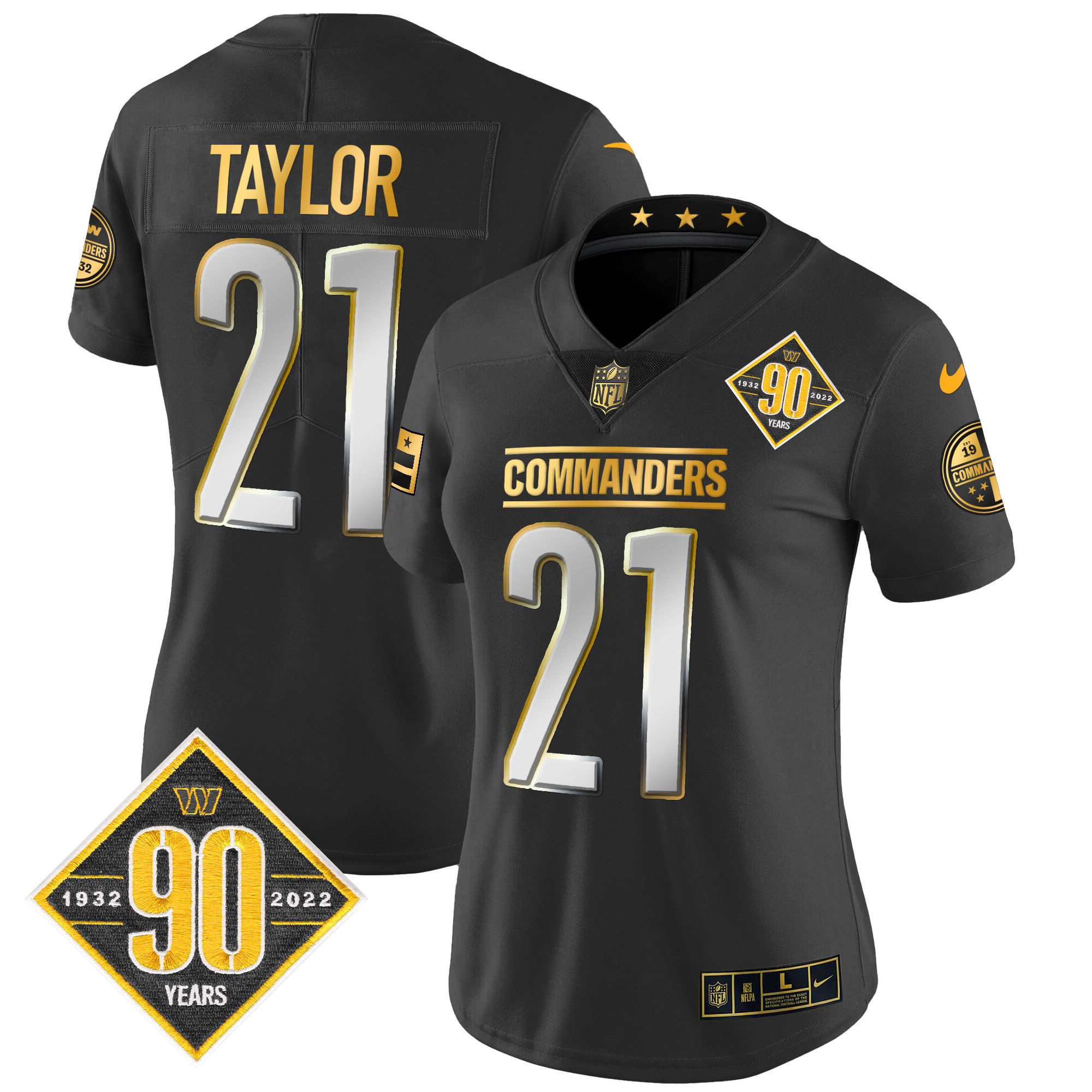 Sean Taylor Women's Washington Commanders 90th Anniversary Patch Gold Vapor Black Limited Jersey - All Stitched