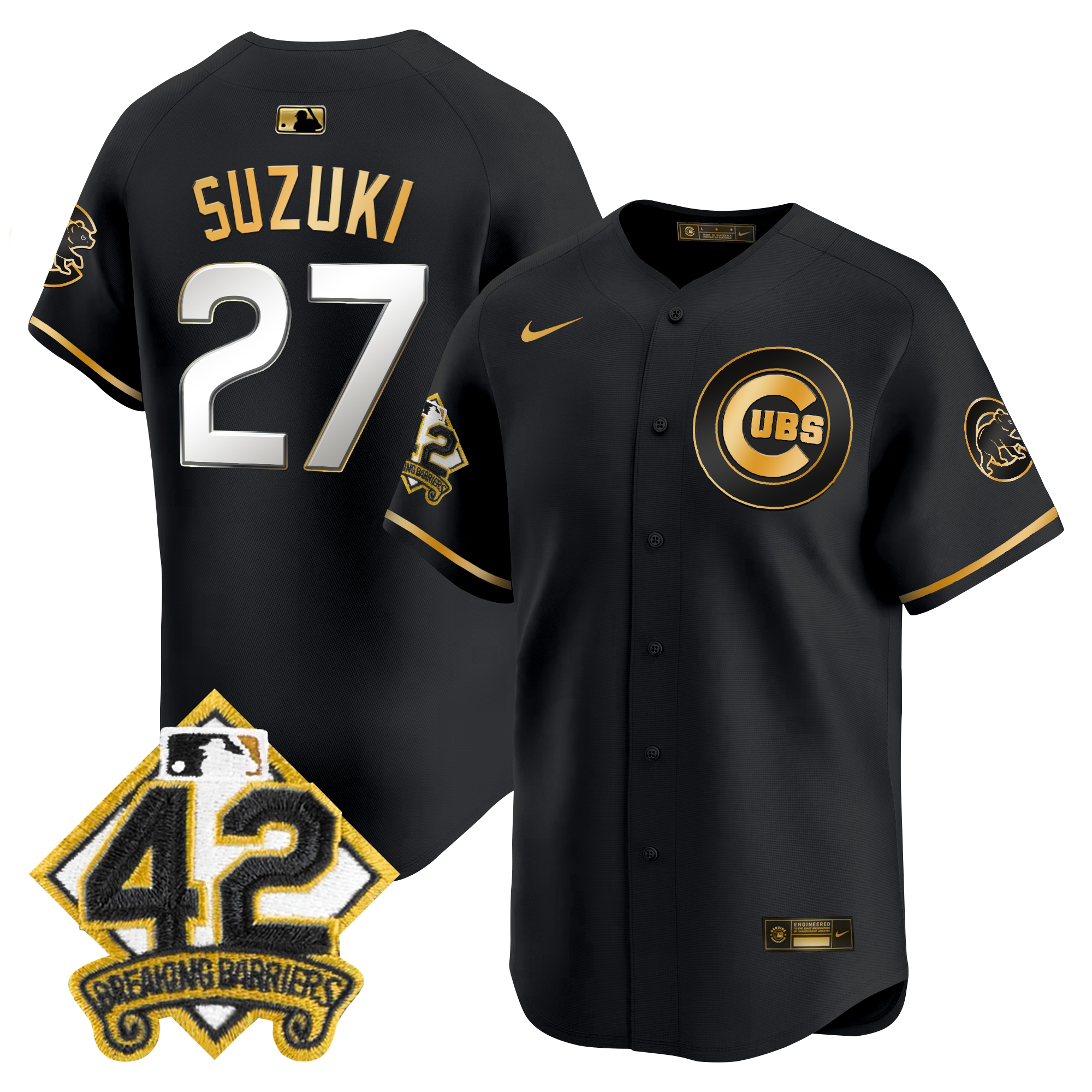 Seiya Suzuki Men's Chicago Cubs 2025 Jackie Robinson Patch Vapor Premier Limited Black Gold Jersey - All Stitched