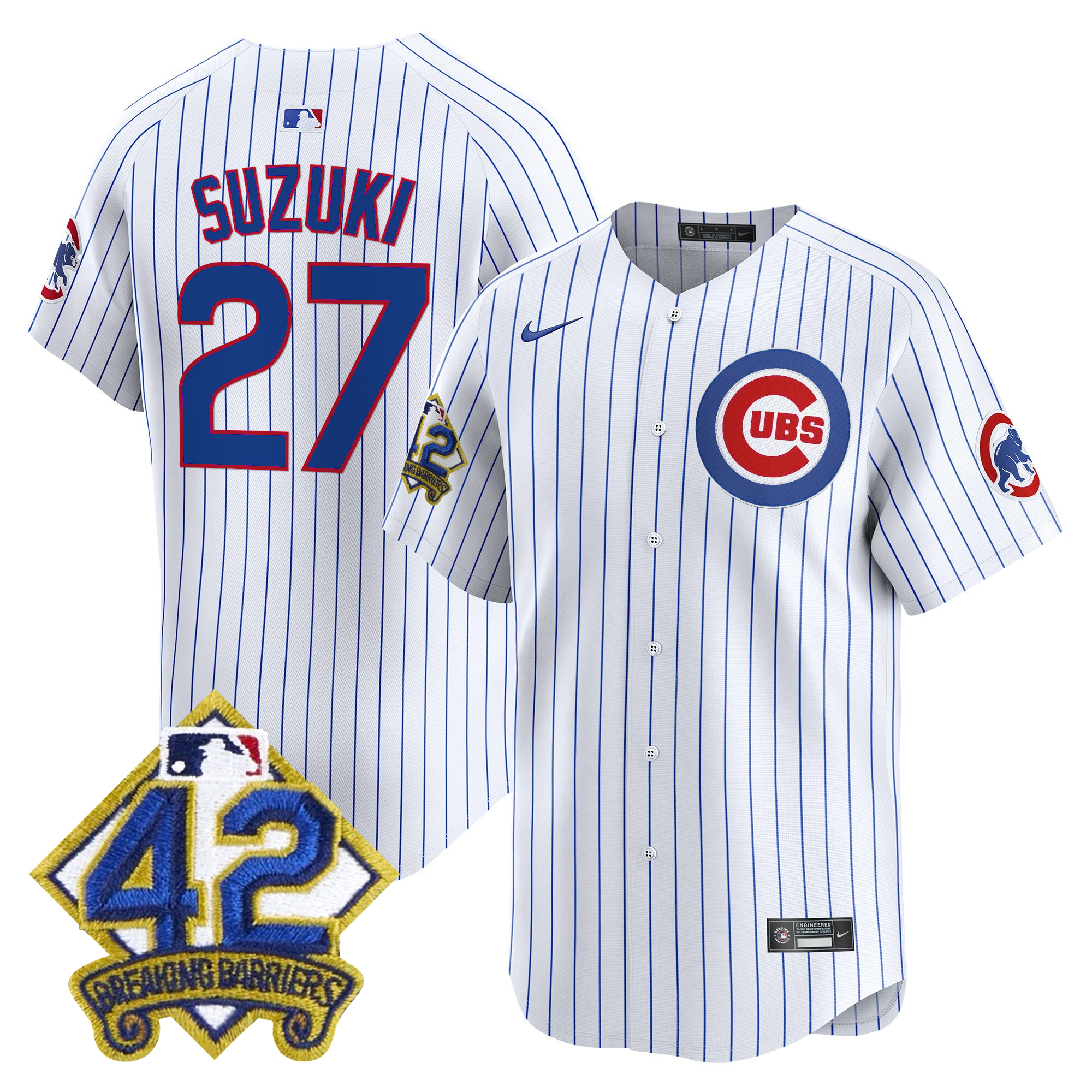 Seiya Suzuki Men's Chicago Cubs 2025 Jackie Robinson Patch Vapor Premier Limited Pinstripe Jersey - All Stitched
