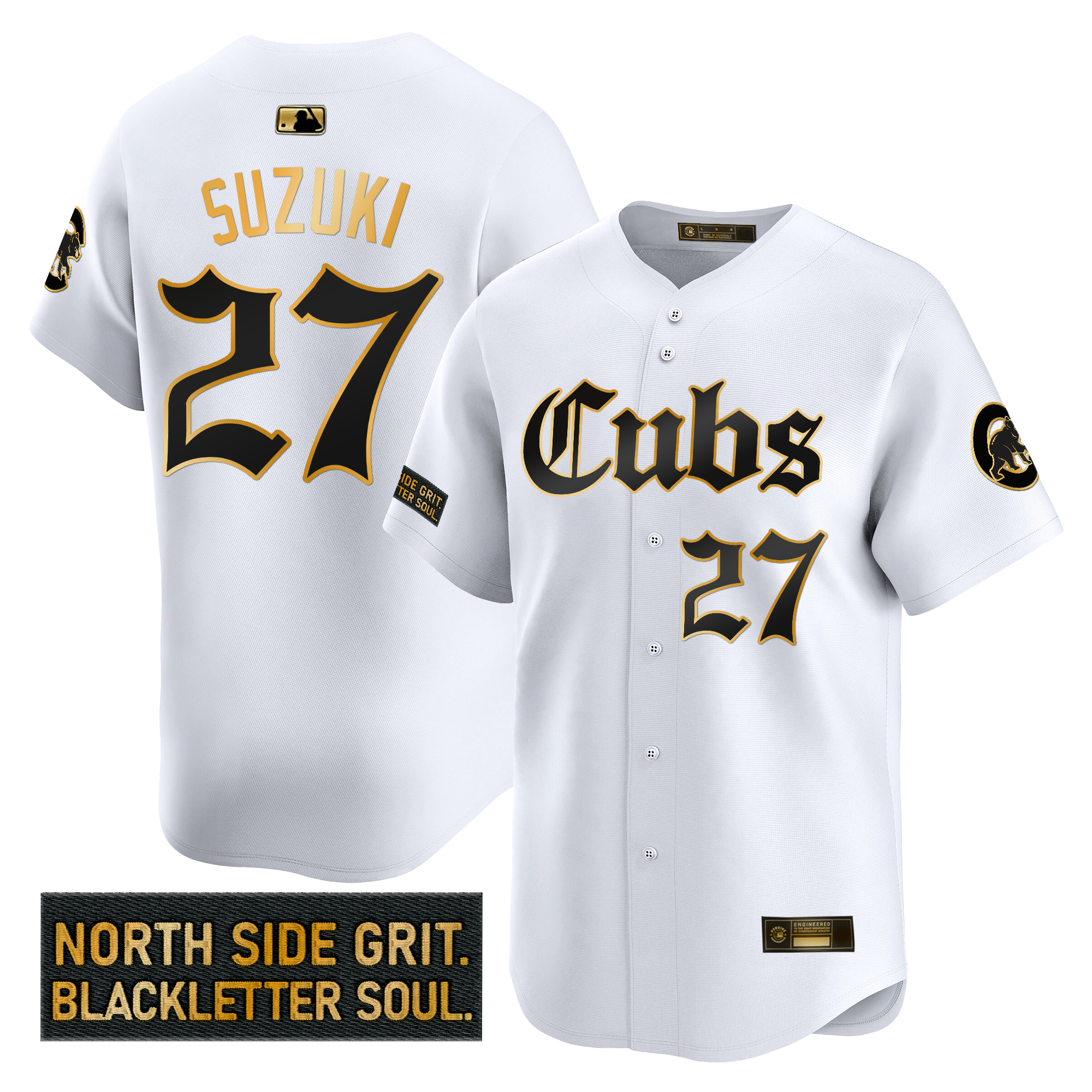 Seiya Suzuki Men's Chicago Cubs 'Gothic North Side Edition' Gold Vapor Premier Limited White Gold Jersey - All Stitched