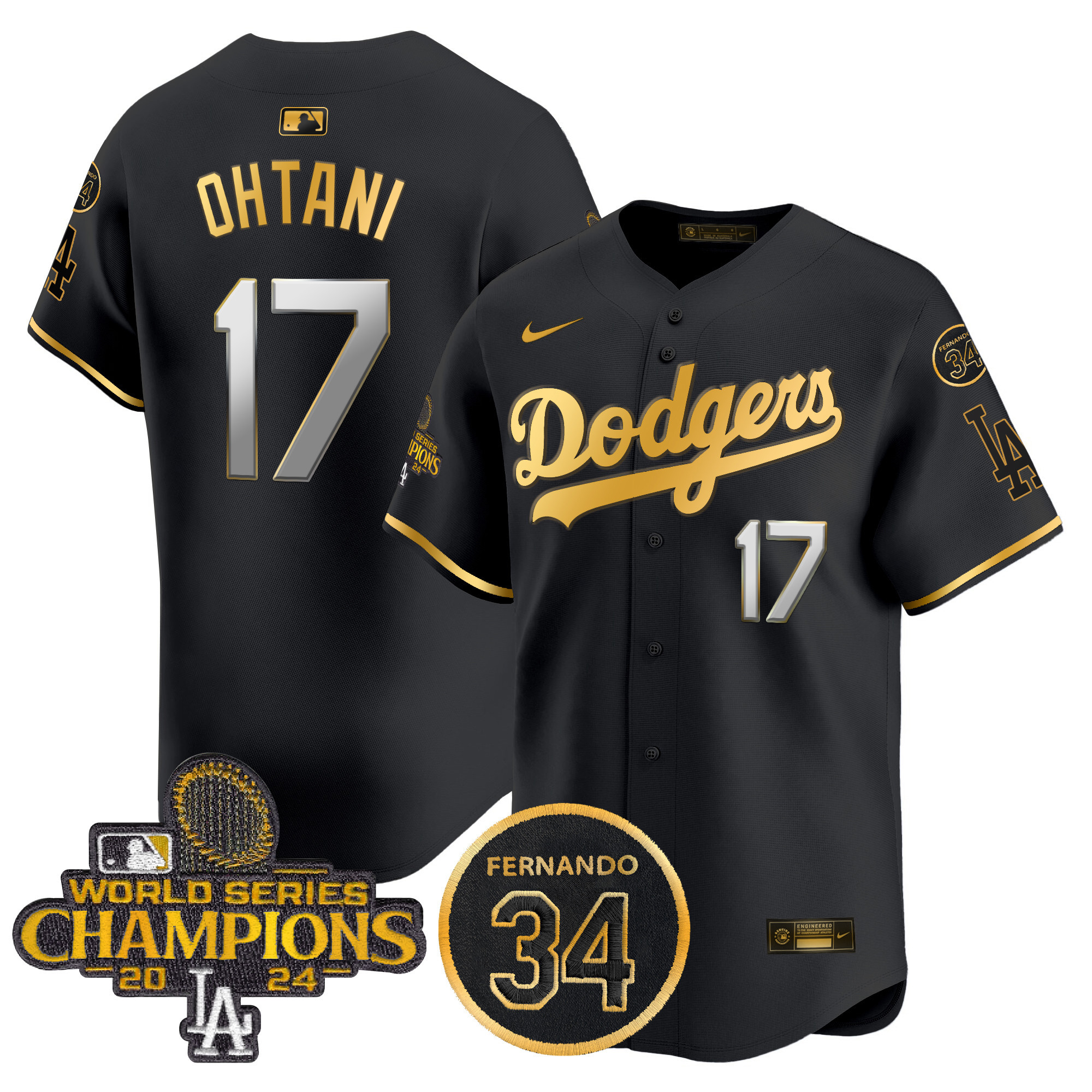 Shohei Ohtani Men's Los Angeles Dodgers 2024 World Series Champions Gold Trim Vapor Premier Limited Black Gold Jersey V2 - All Stitched