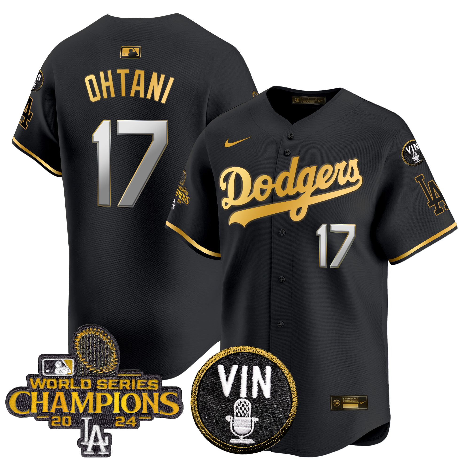 Shohei Ohtani Men's Los Angeles Dodgers 2024 World Series Champions Patch Vapor Premier Limited Black Gold Jersey V3 - All Stitched