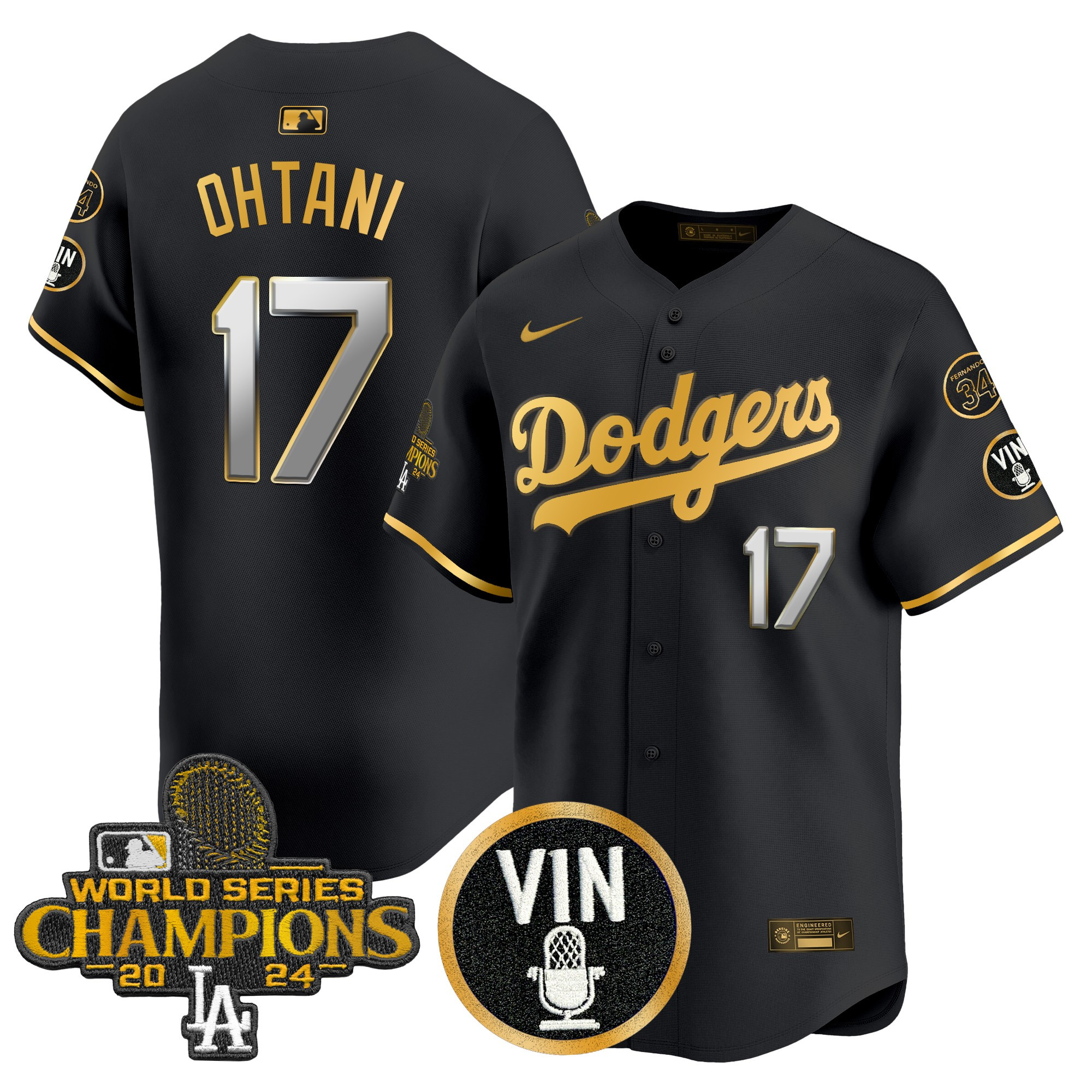 Shohei Ohtani Men's Los Angeles Dodgers 2025 Vin Scully & #34 Fernando Patch Gold Vapor Premier Limited Black Gold Jersey - All Stitched