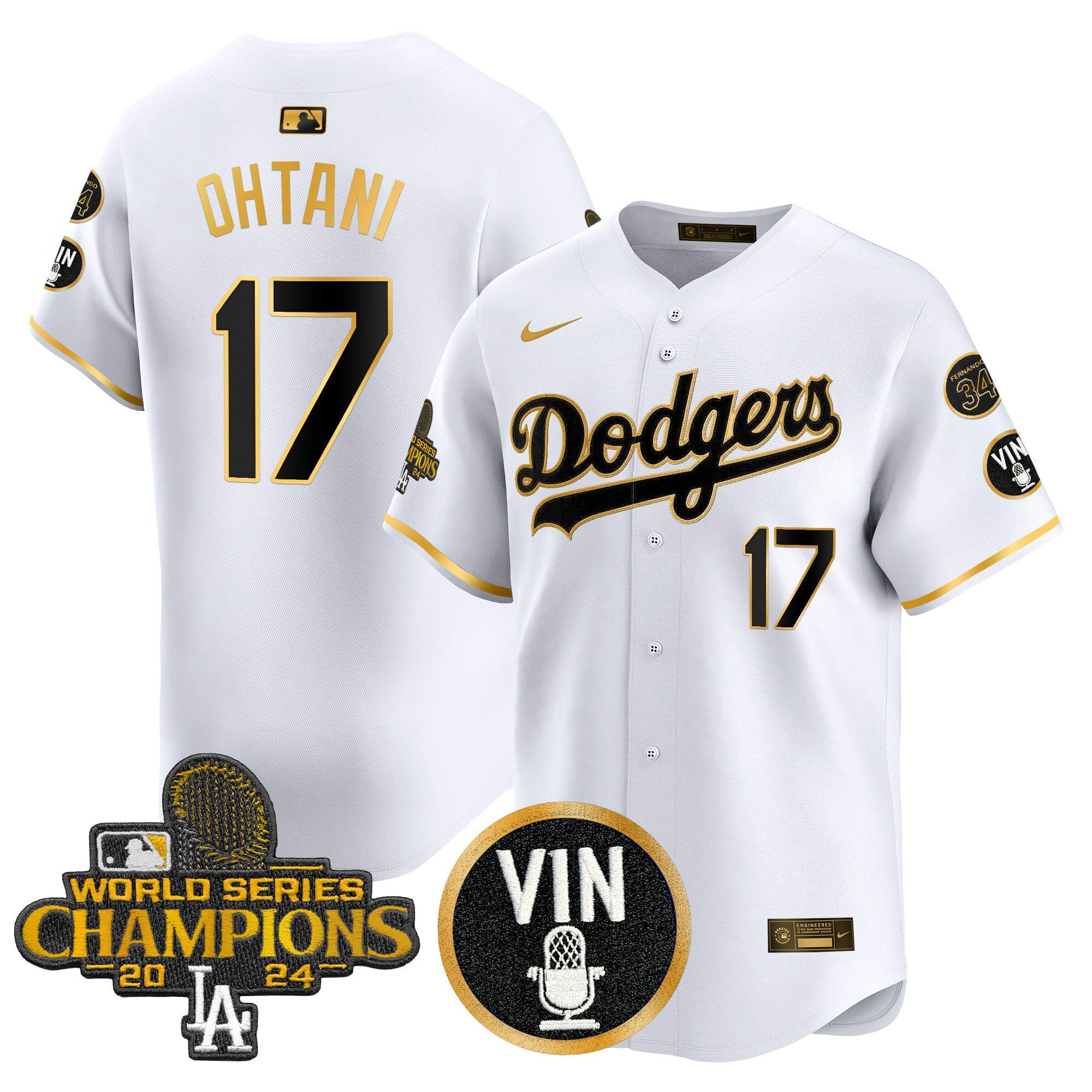 Shohei Ohtani Men's Los Angeles Dodgers 2025 Vin Scully & #34 Fernando Patch Gold Vapor Premier Limited White Gold Jersey - All Stitched