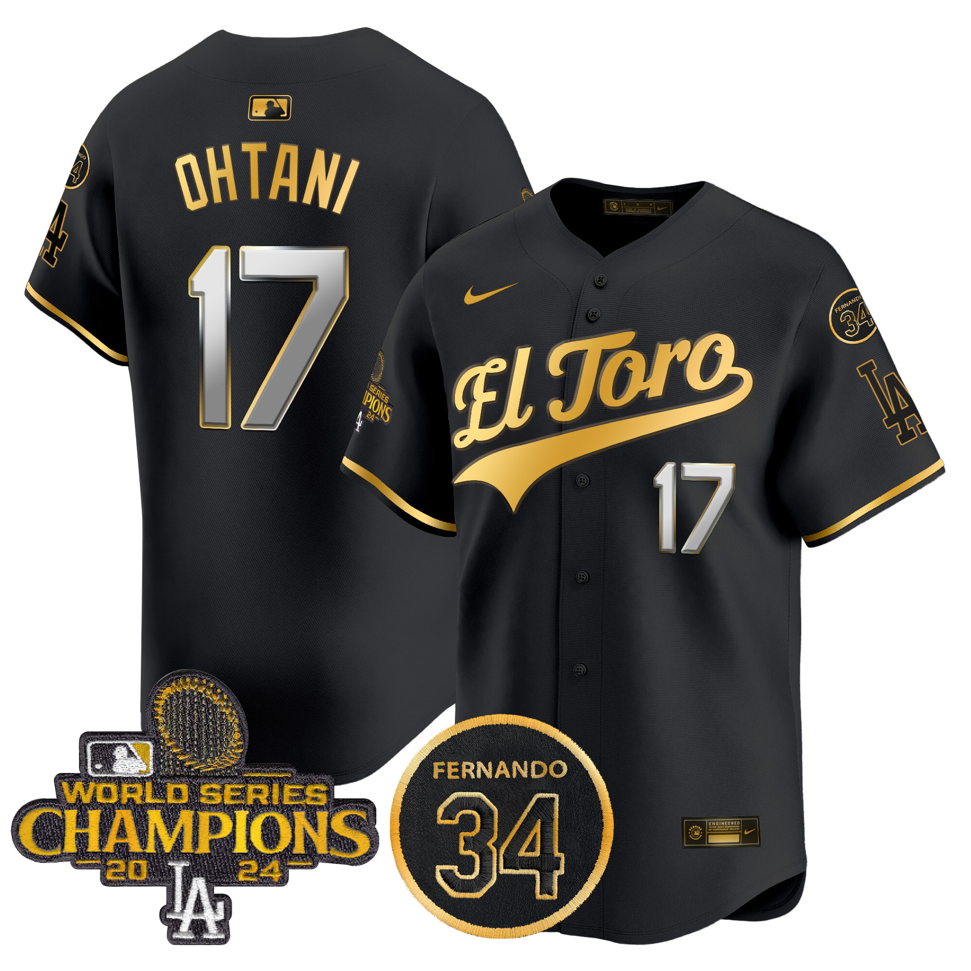 Shohei Ohtani Men's Los Angeles Dodgers El Toro 2024 World Series Champions Patch Vapor Premier Limited Black Gold Jersey - All Stitched