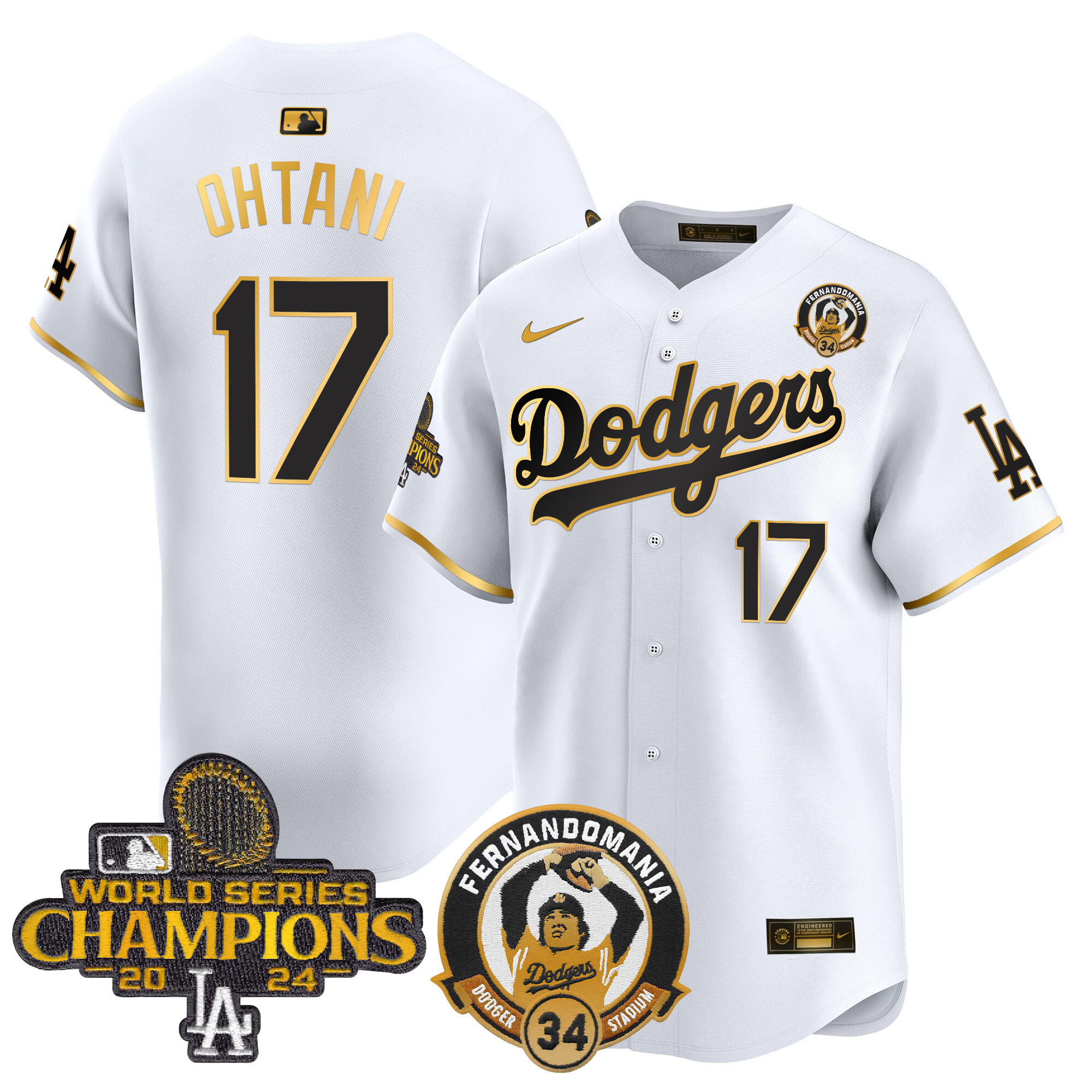 Shohei Ohtani Men's Los Angeles Dodgers Fernando & 2024 World Series Champions Patch Vapor Premier Limited White Gold Jersey - All Stitched