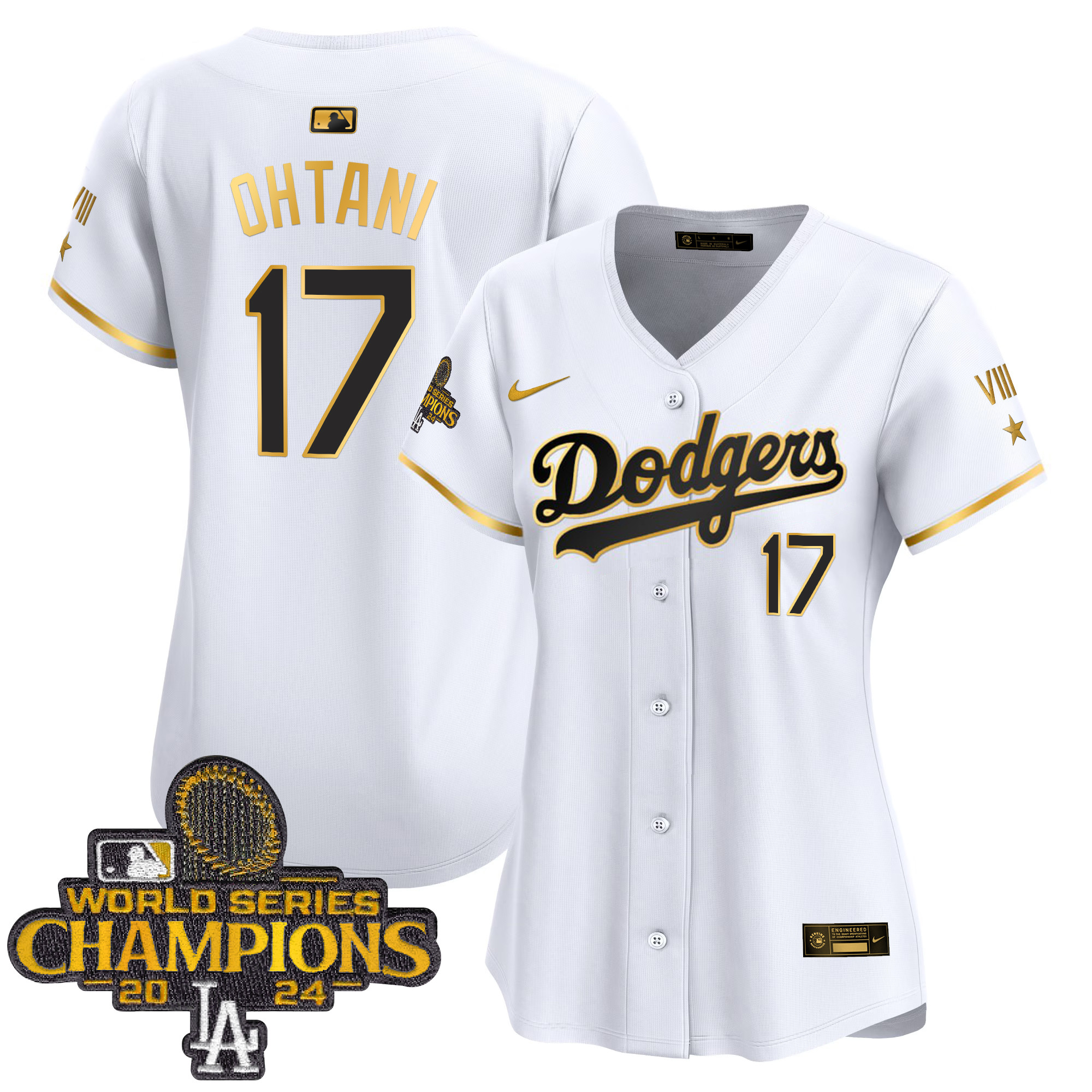 Shohei Ohtani Women's Los Angeles Dodgers 2024 World Series Champions Gold Trim Vapor Premier Limited White Gold Jersey - All Stitched