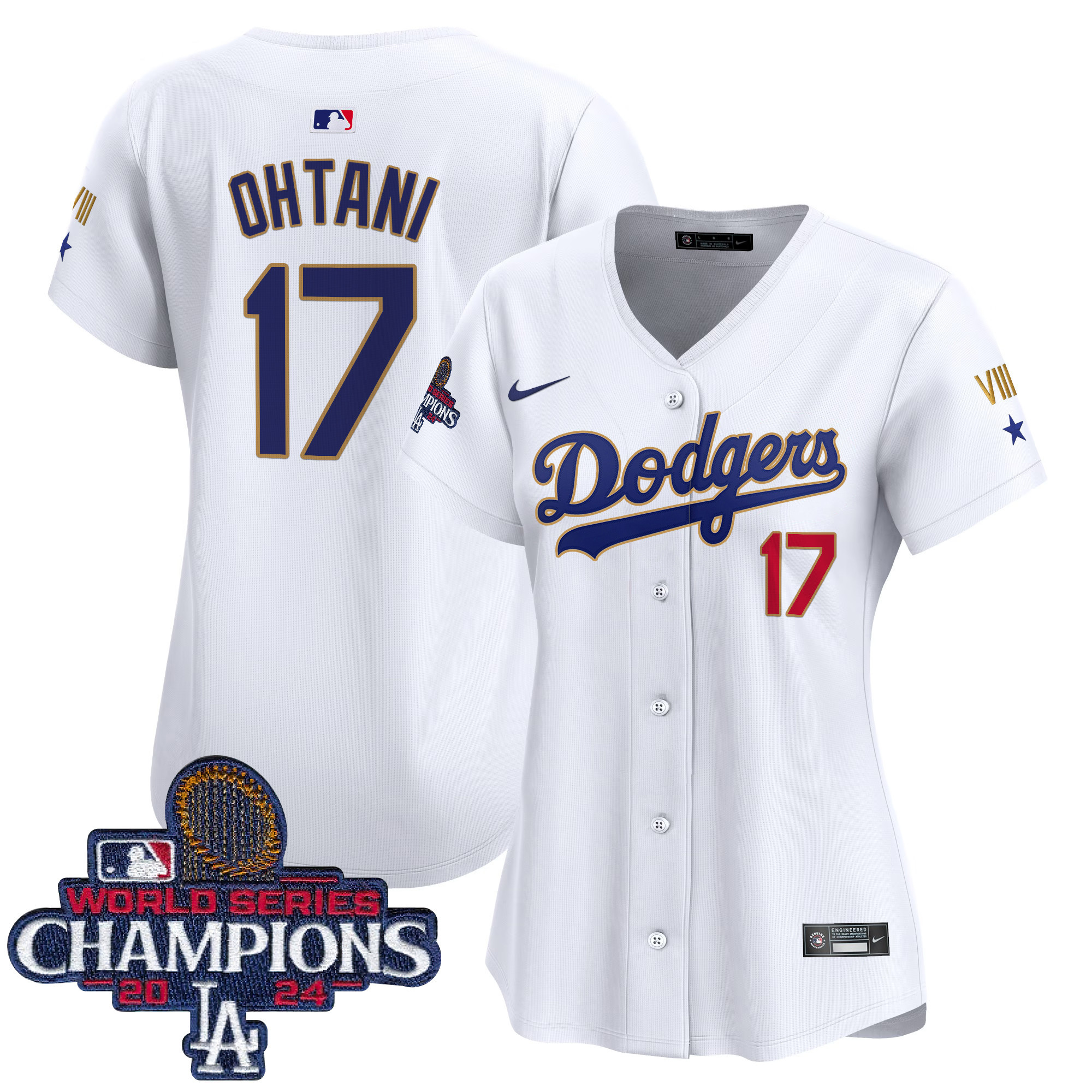 Shohei Ohtani Women's Los Angeles Dodgers 2024 World Series Champions Gold Trim Vapor Premier Limited White Jersey - All Stitched