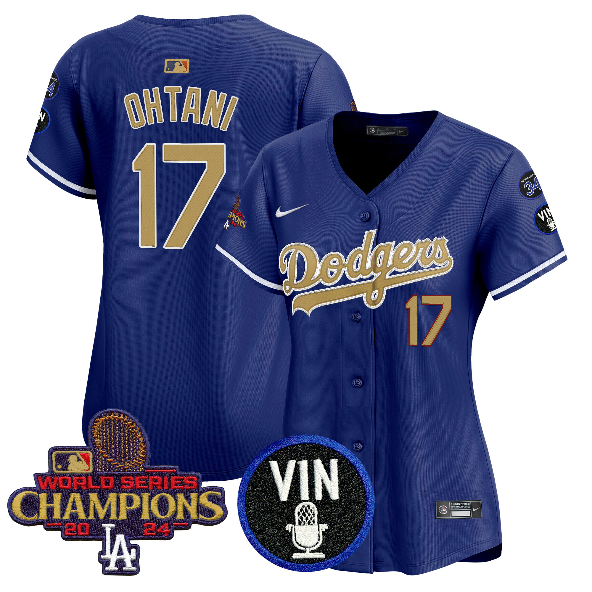 Shohei Ohtani Women's Los Angeles Dodgers 2025 Vin Scully & #34 Fernando Patch Gold Vapor Premier Limited Royal Jersey - All Stitched