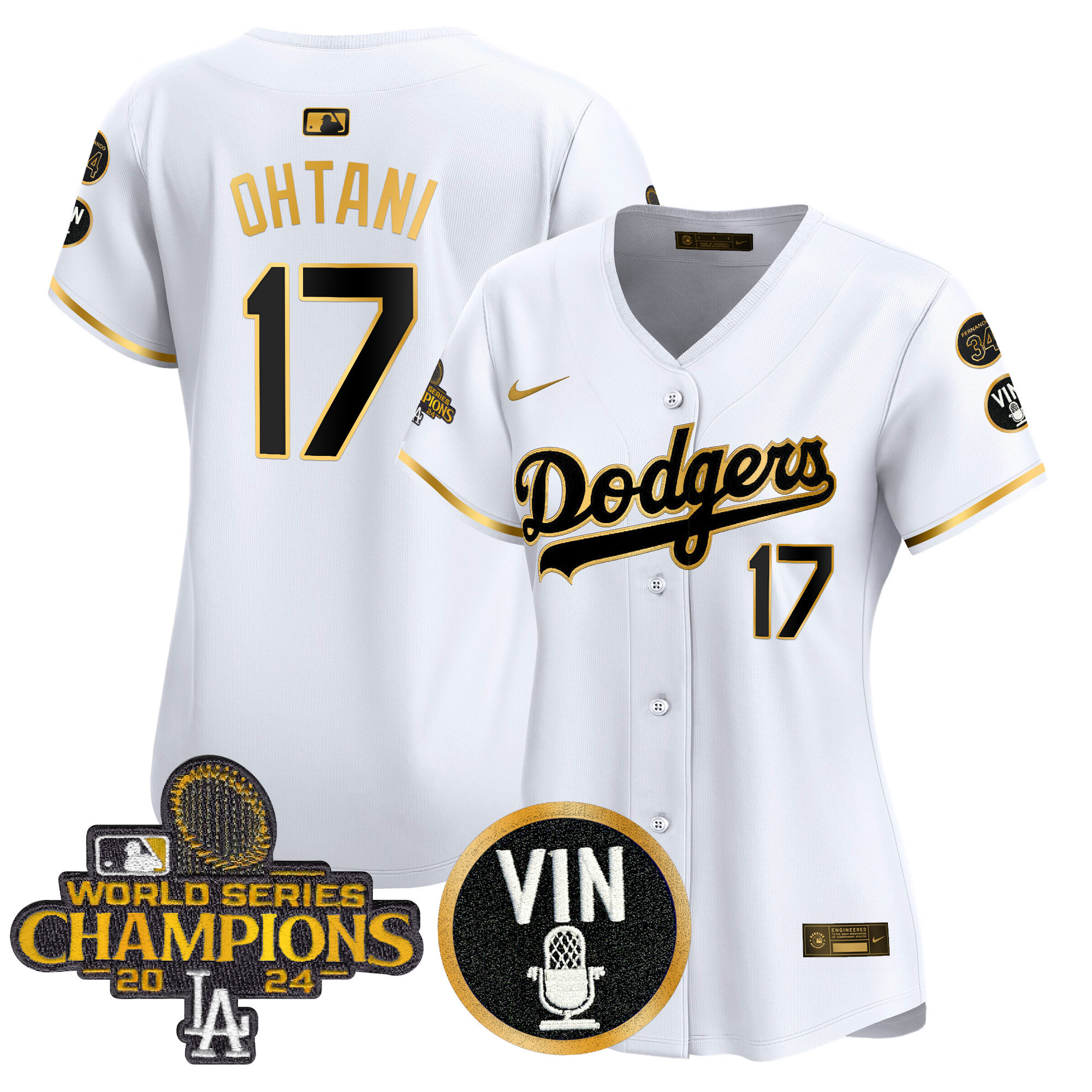 Shohei Ohtani Women's Los Angeles Dodgers 2025 Vin Scully & #34 Fernando Patch Gold Vapor Premier Limited White Gold Jersey - All Stitched